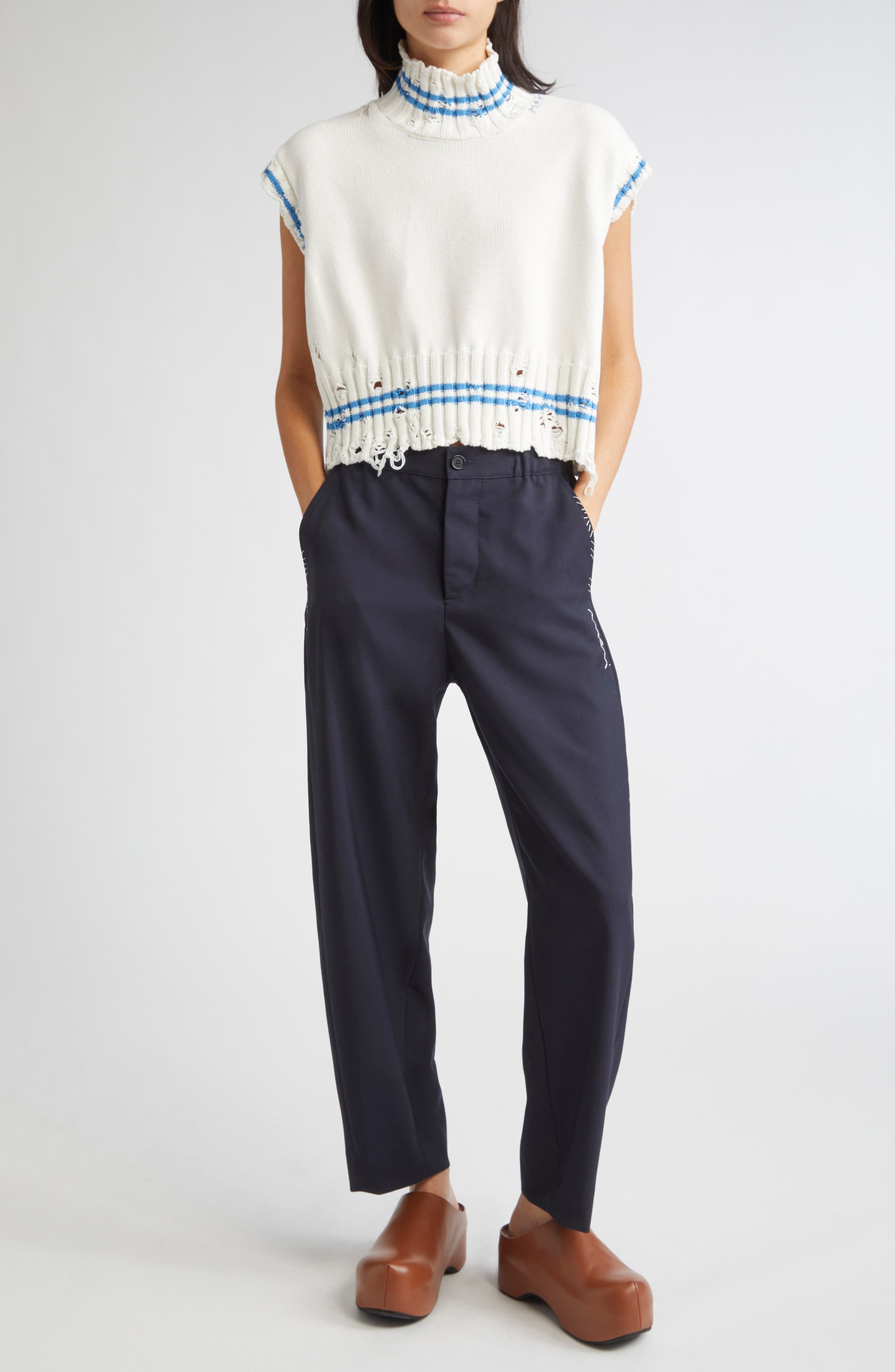 Marni Mending Logo Distressed Boxy Cotton Turtleneck Sweater in V2W01 Lily White at Nordstrom - 2