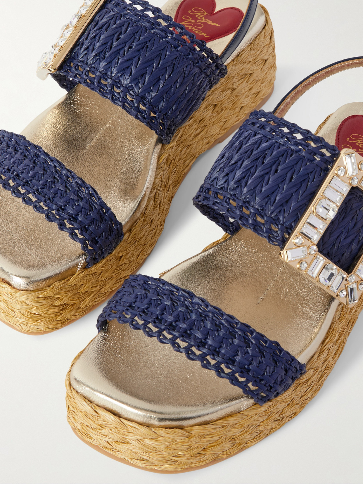 60 Crystal-embellished Patent-leather Trimmed Raffia Platform Espadrille Sandals - 4