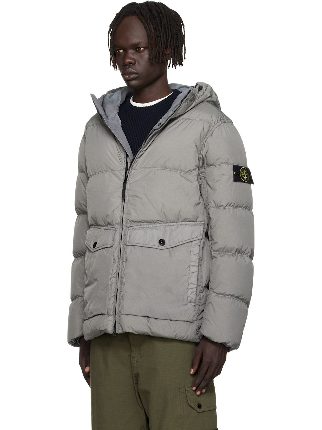 Gray 4100011 Hooded Nylon Down Jacket - 4