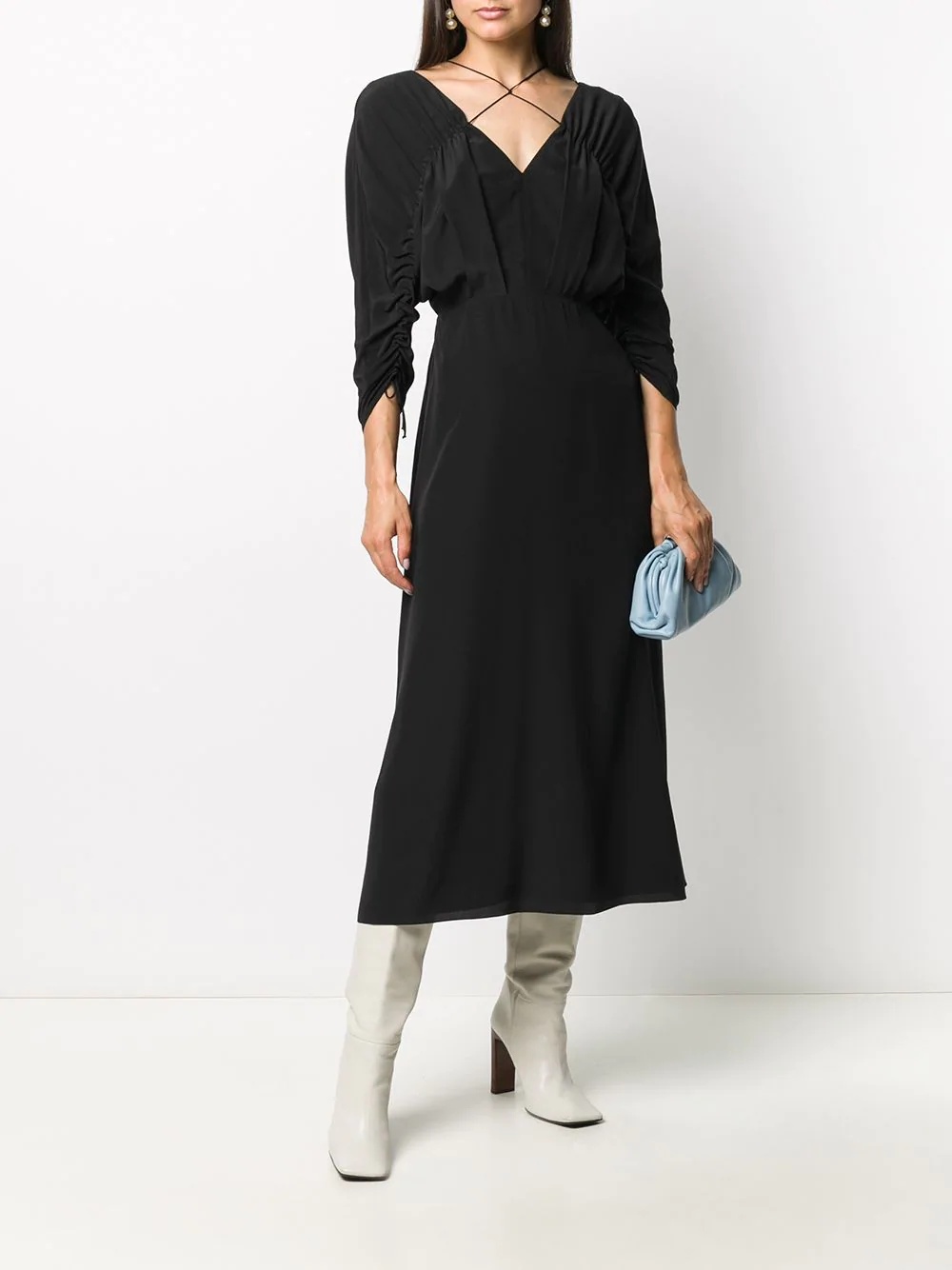 draped-sleeve drawstring midi dress - 2