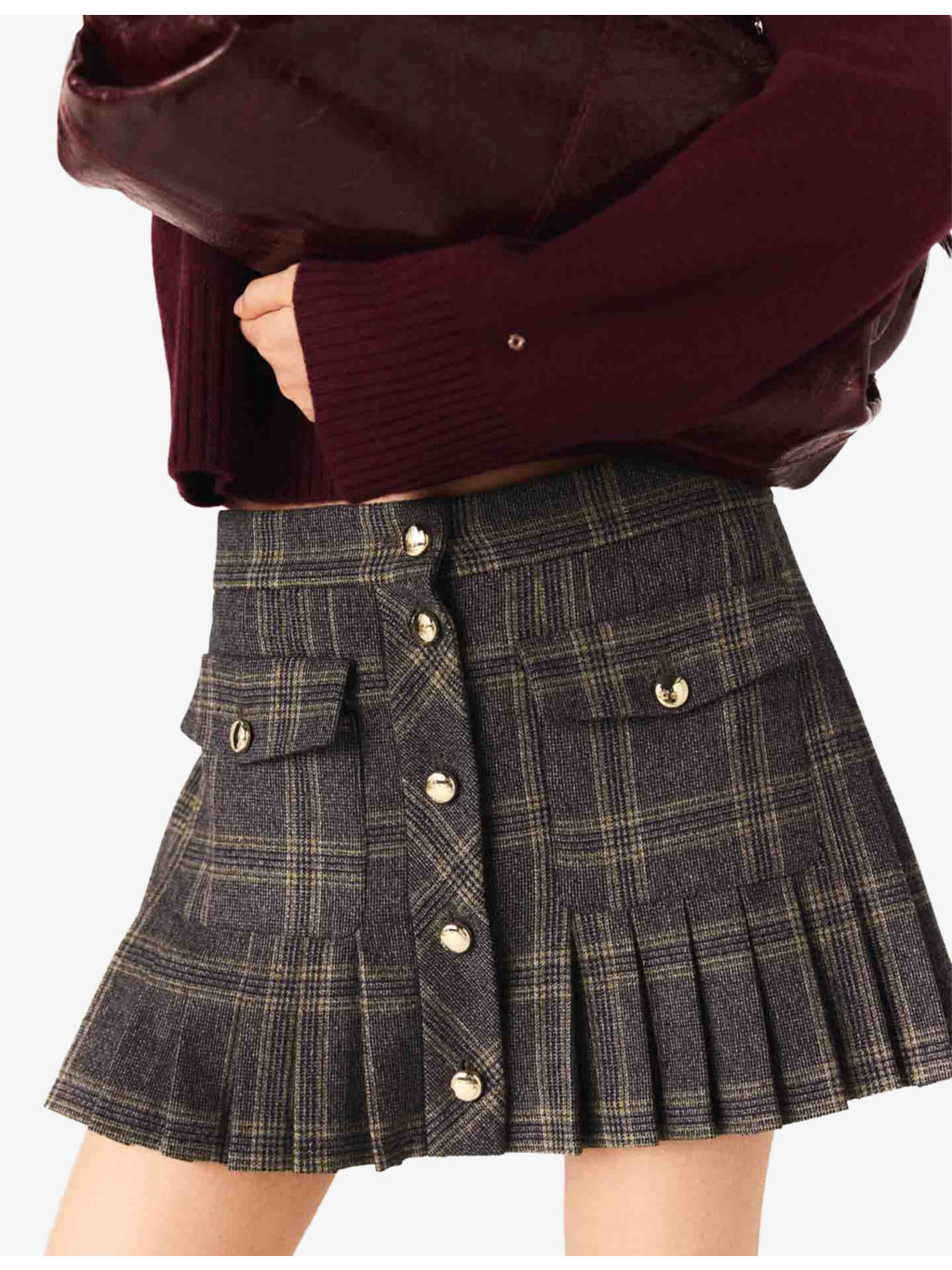 Checked Pleated Woven Mini Skirt - 5