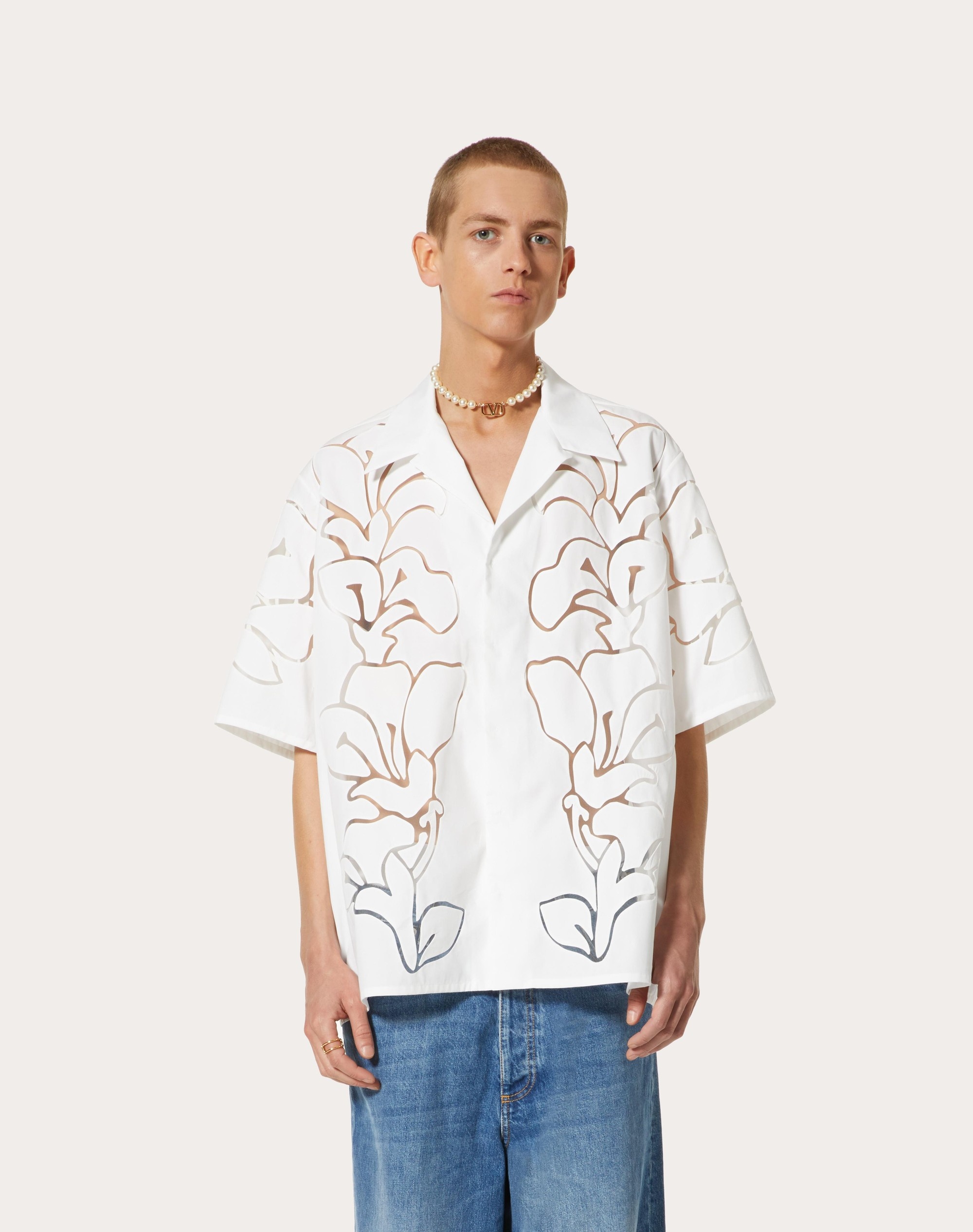 COTTON POPLIN BOWLING SHIRT WITH FLORAL CUT-OUT EMBROIDERY - 3