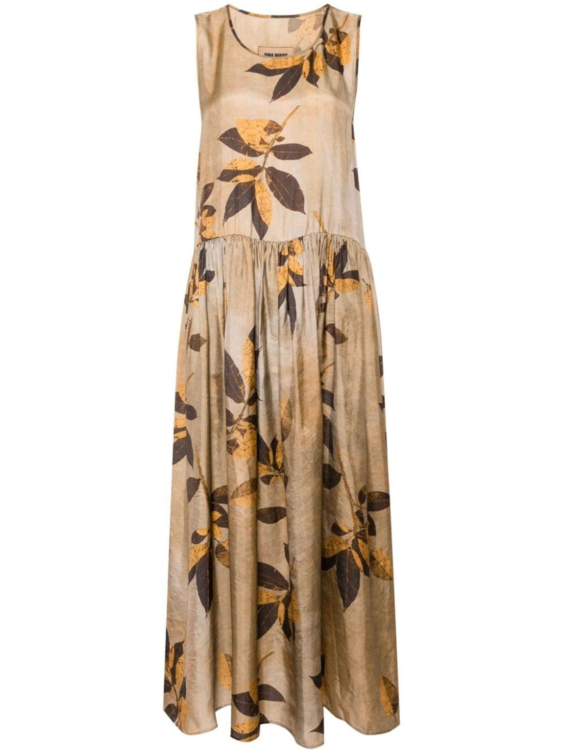 leaf-print gathered-waist midi dress 1