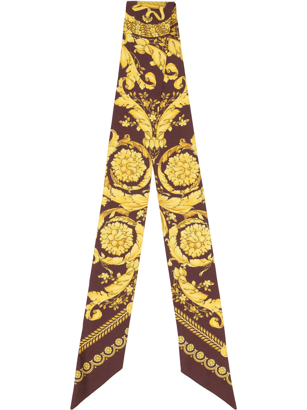 Burgundy & Yellow Printed Silk Twill Ribbon Scarf - 1