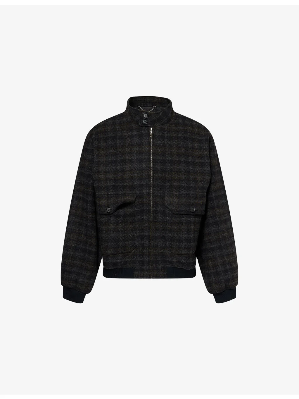 Check-Pattern Mock-Neck Blouson Wool Jacket - 1