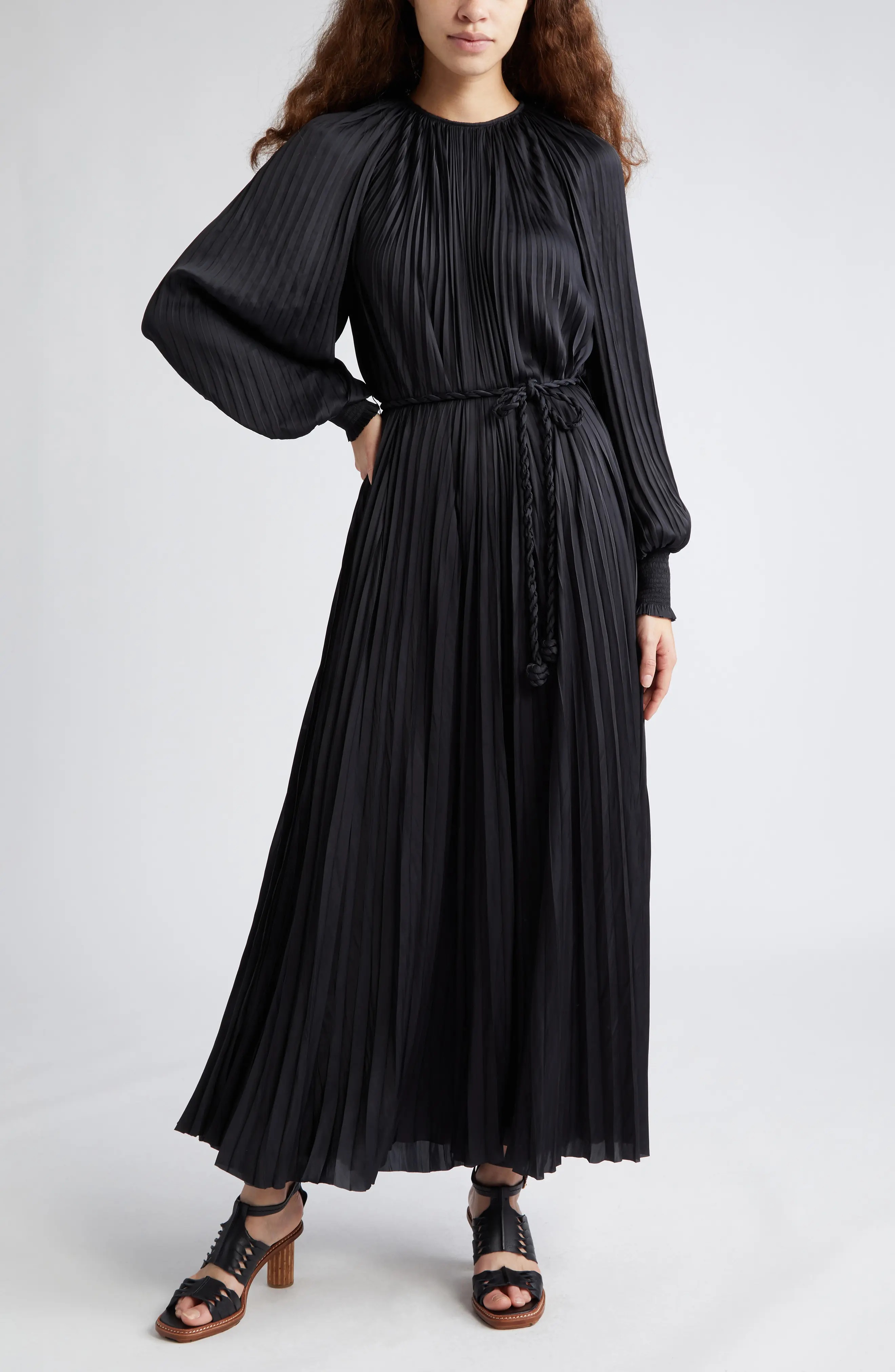 Zora Long Sleeve Pleated Satin Maxi Dress - 5