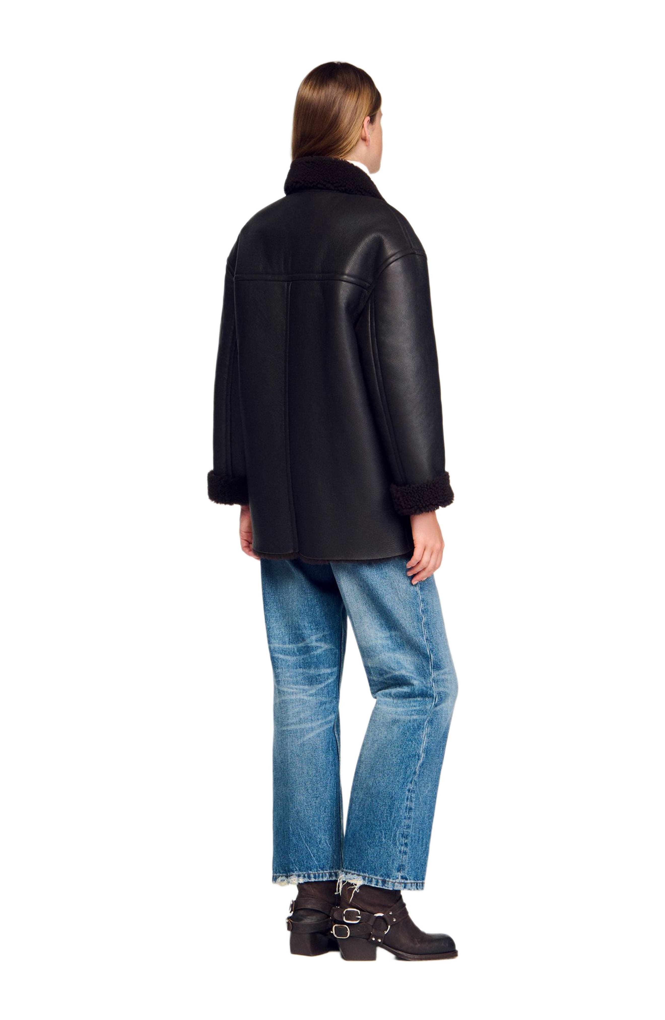 SANDRO Shearling coat in Black Brown at Nordstrom - 3