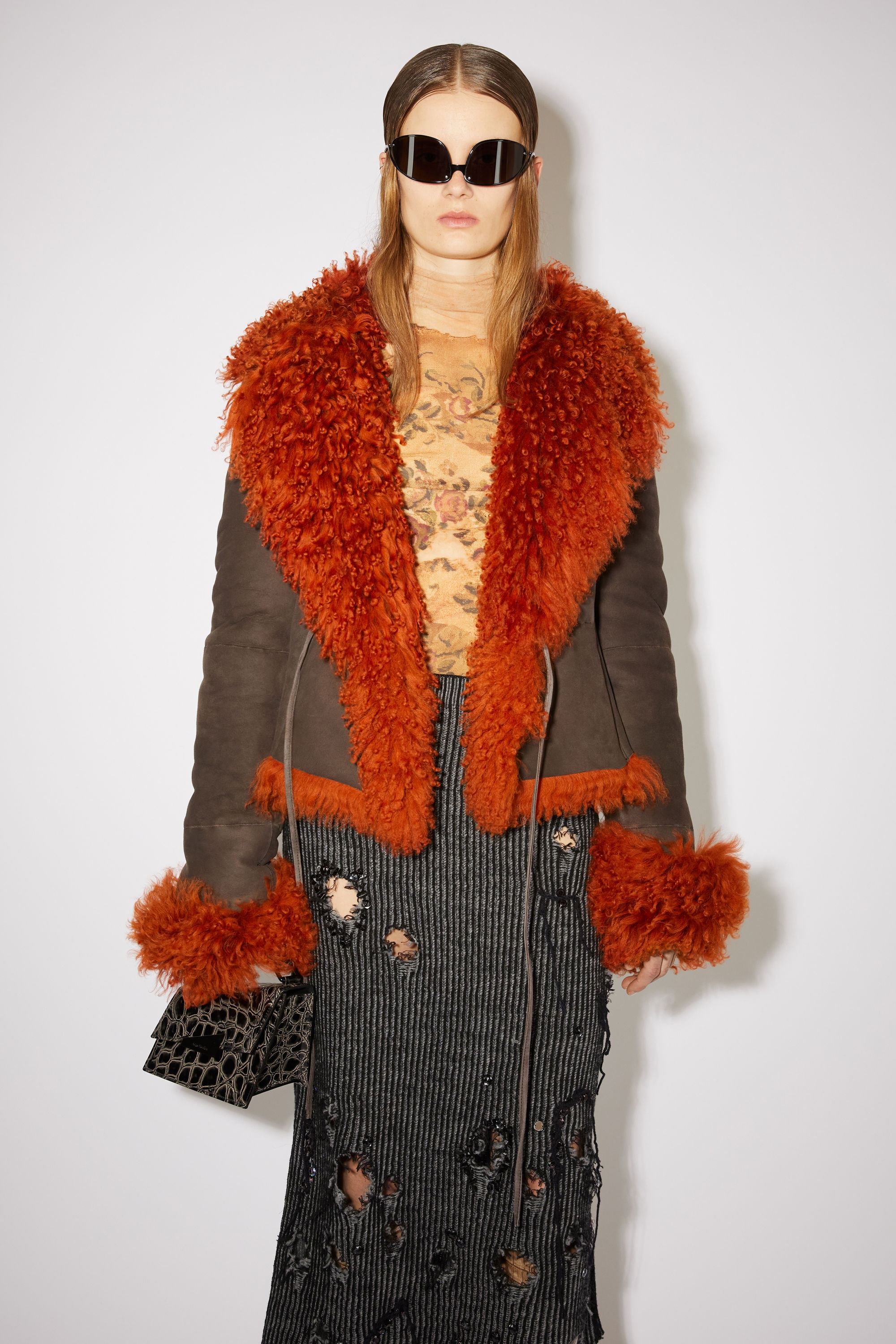 Shearling fur leather jacket - Rust orange - 5