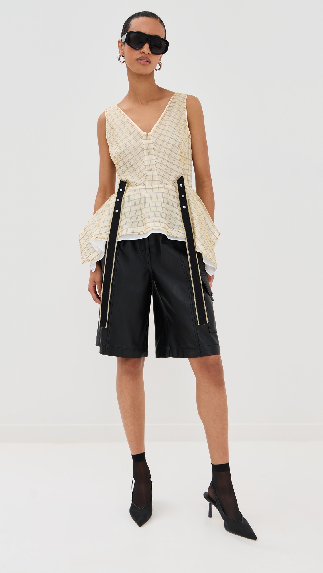 Plaid Organza V Neck Flounce Top - 4