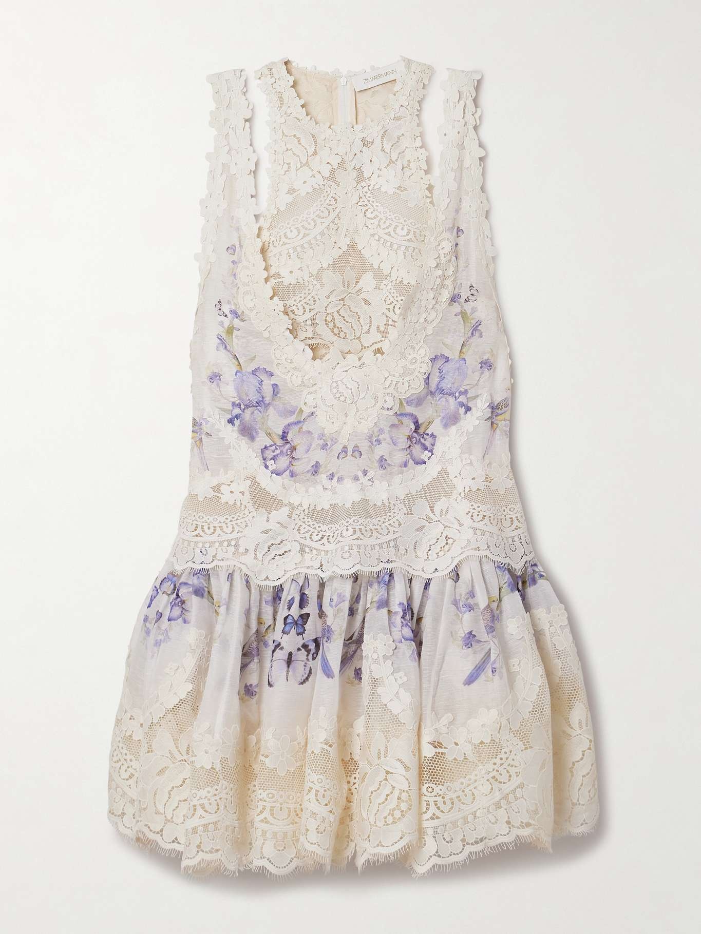 Natura guipure lace-trimmed floral-print linen and silk-blend mini dress - 1