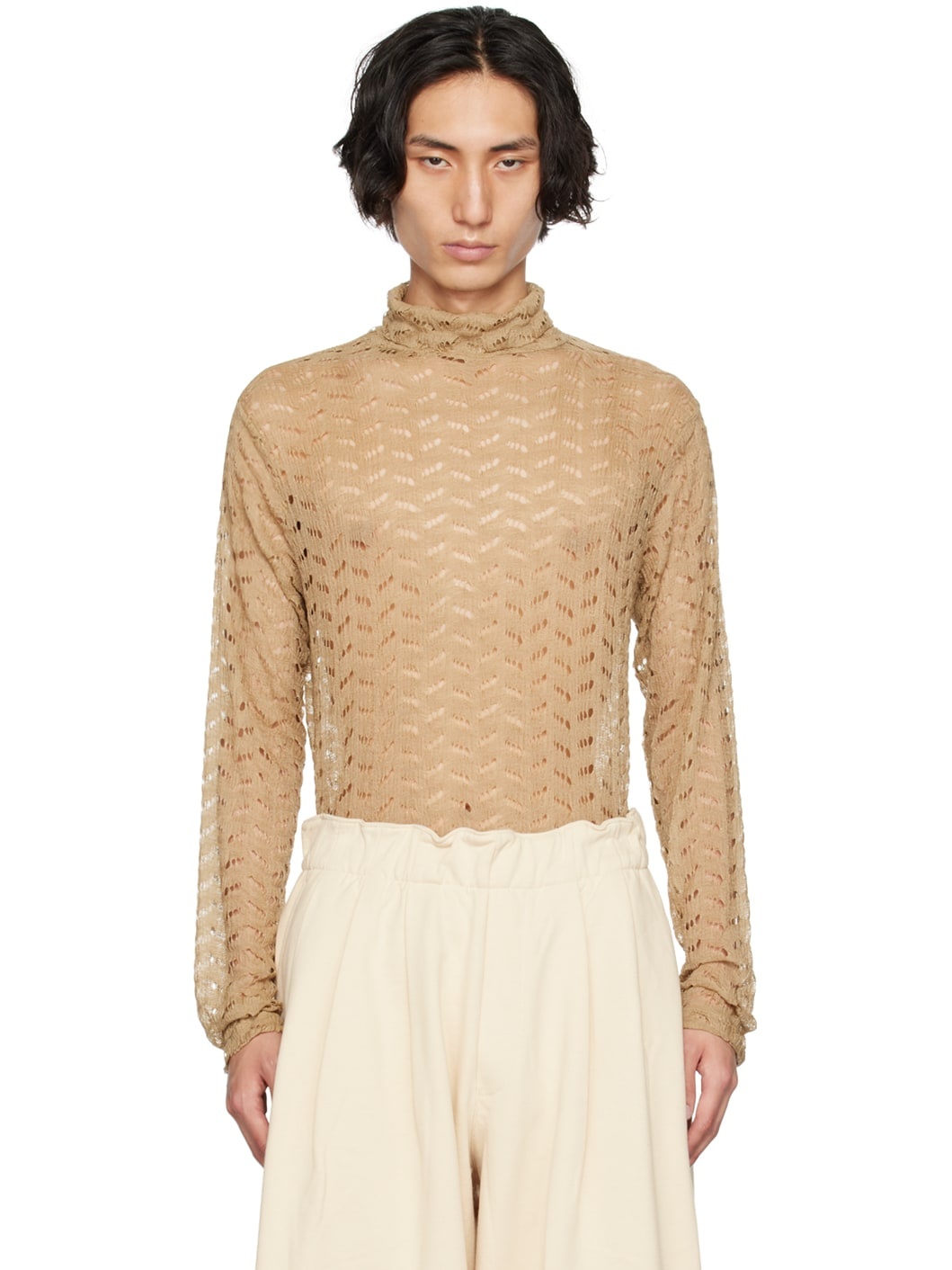 Beige Laddered Turtleneck - 1