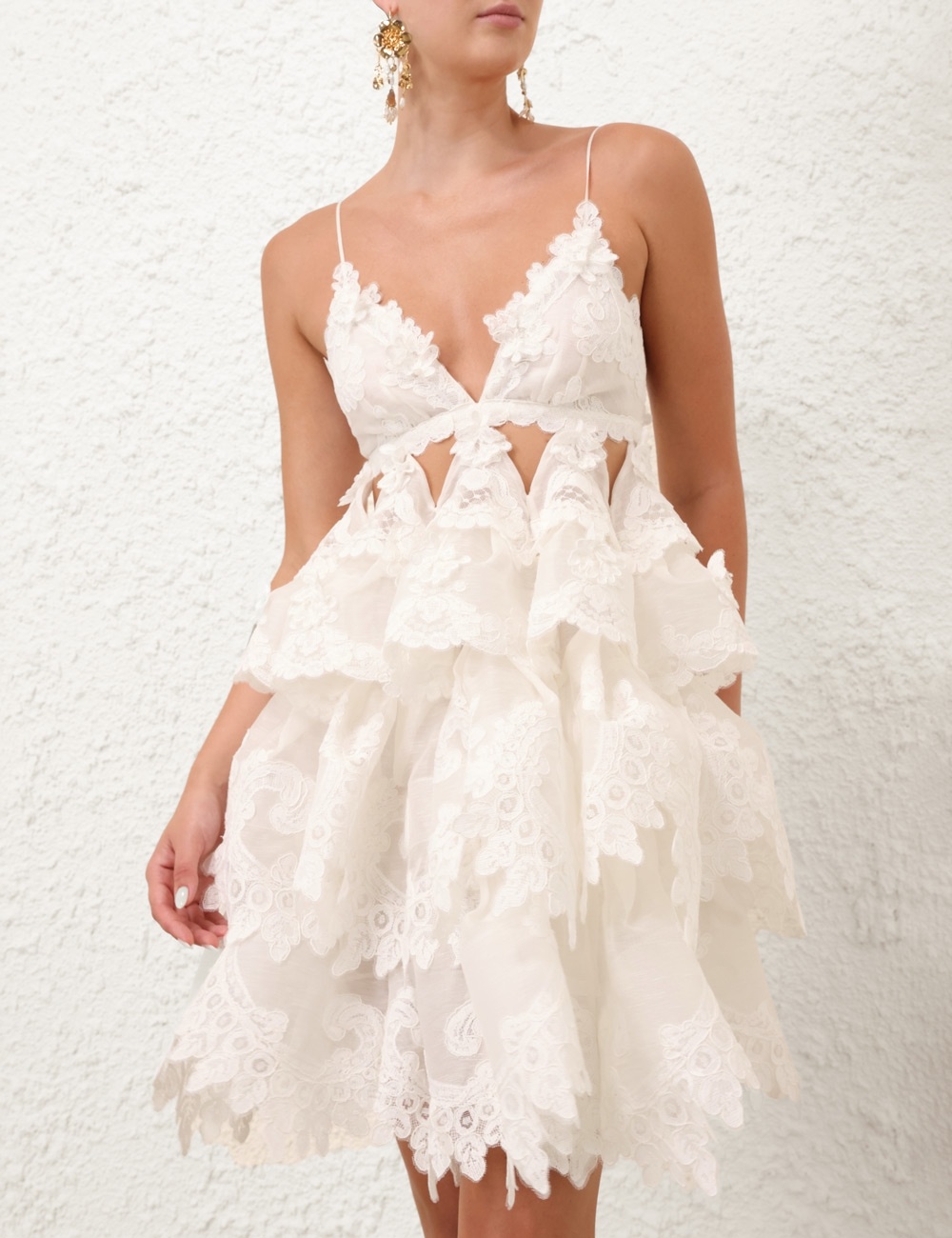 【Zimmermann】Crush tiered ruffled lace-trimmed mini dress ZIMMERMANN Crush tiered ruffled lace-trimmed linen and silk
