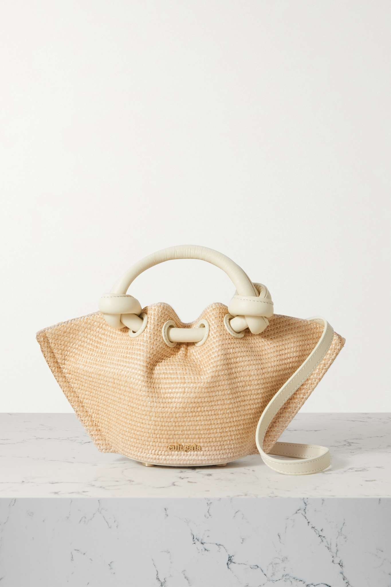 Daya mini leather-trimmed woven raffia shoulder bag - 1