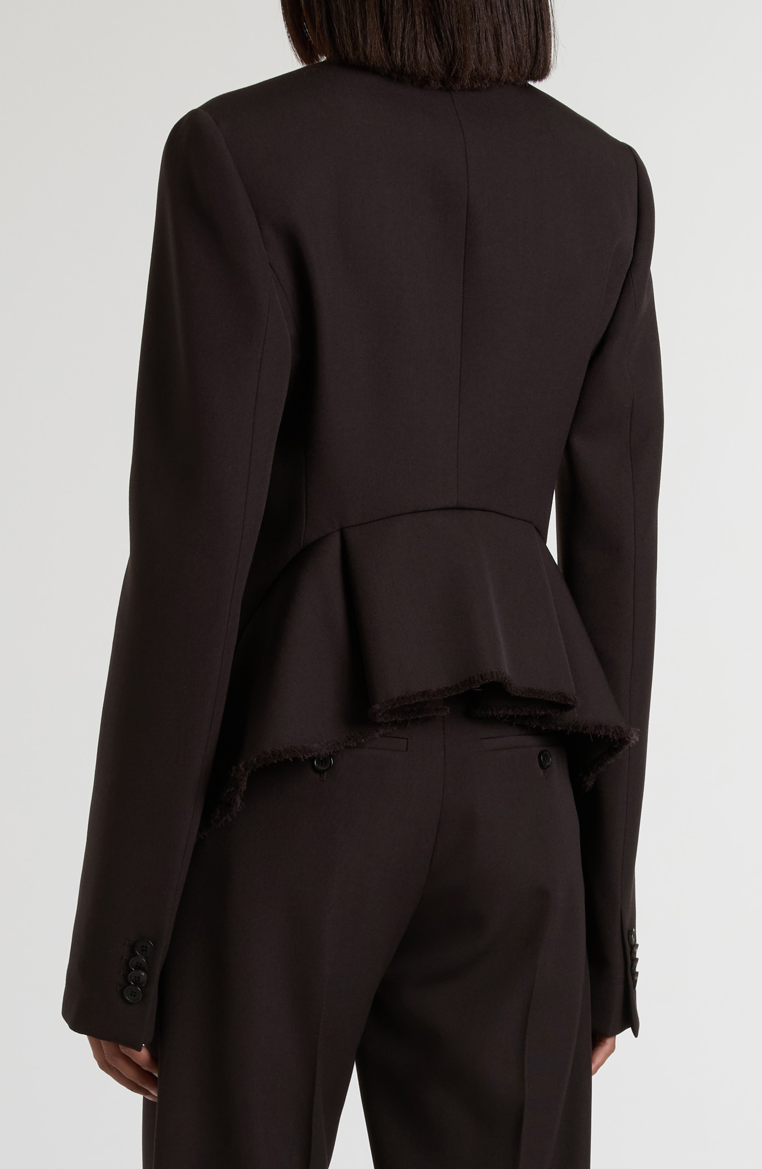 McQueen Raw Edge Wool Canvas Peplum Blazer in Dark Brown at Nordstrom - 3