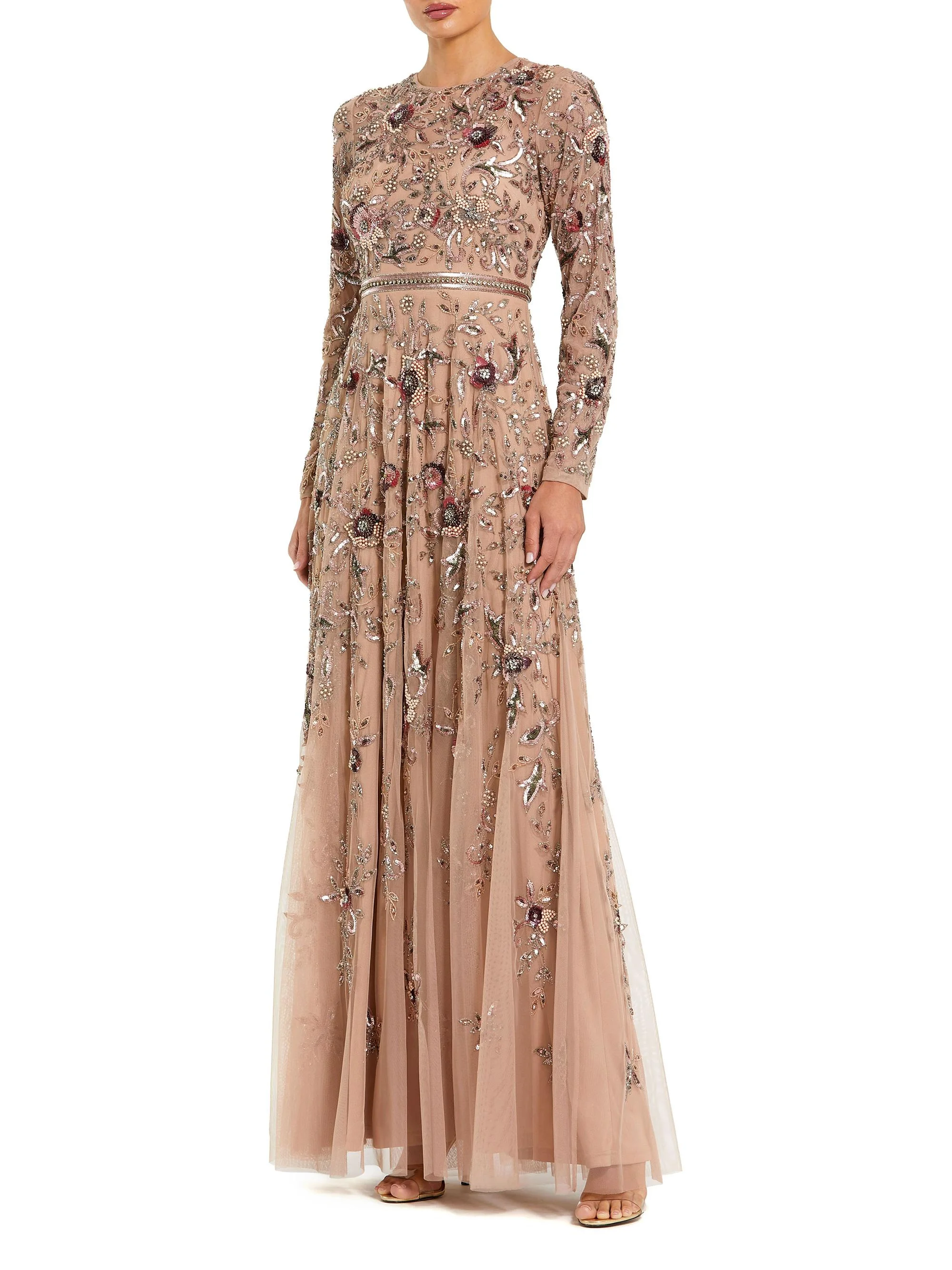 Women's Floral-Embellished Mesh A-Line Gown - Mocha - 1