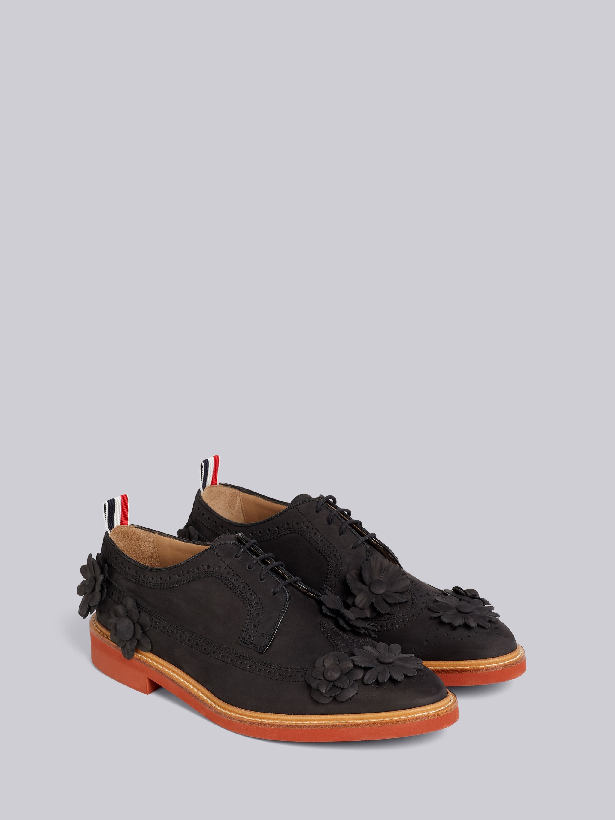 Black Fine Kid Suede Floral Applique Micro Sole Longwing Brogue - 3