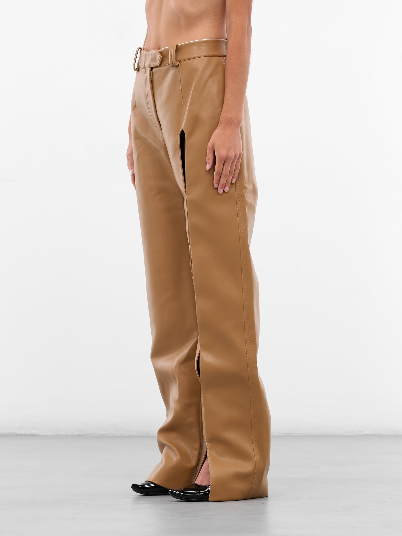 Beige Vegan Leather Cut-Out Trousers - 2