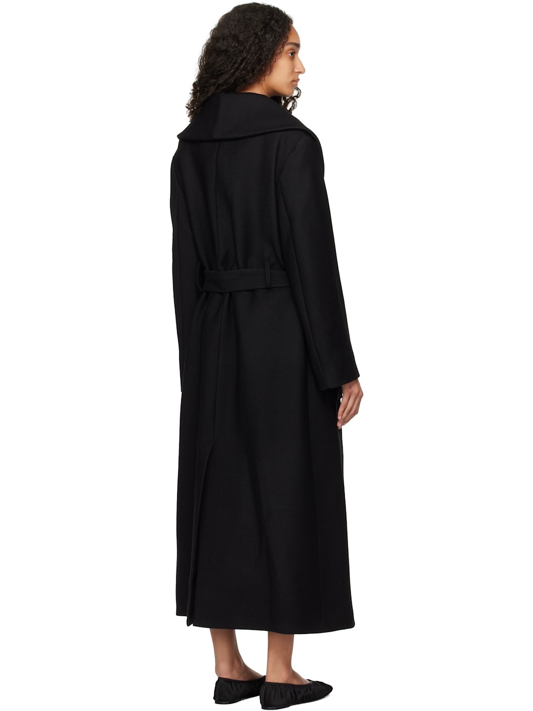 Black Shawl Collar Wrap Coat - 3
