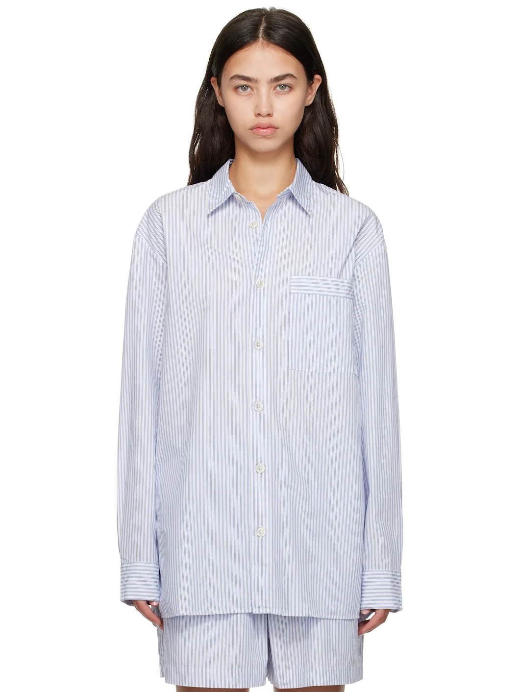 White & Blue Poplin Long-Sleeved Pyjama Shirt - 1