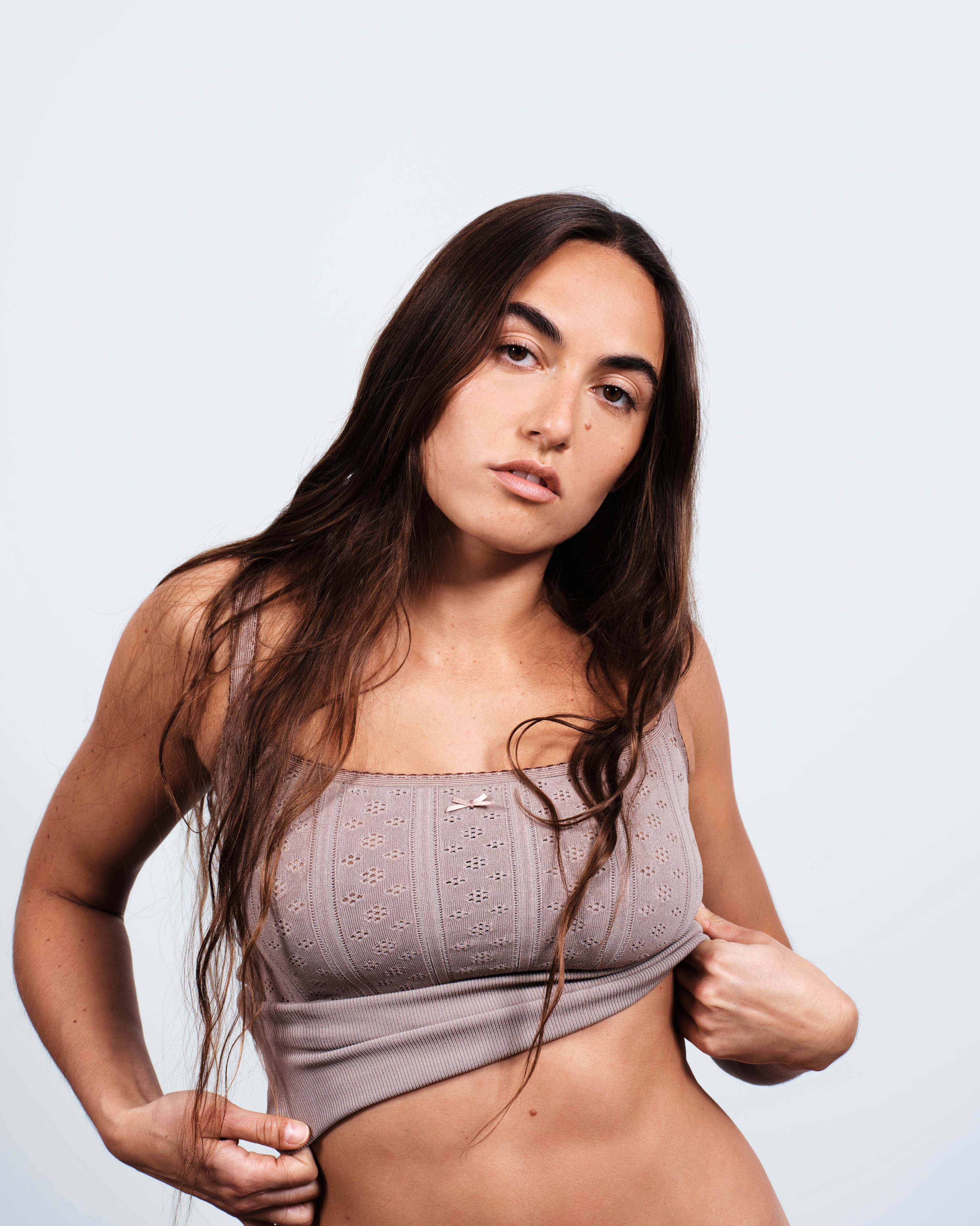 KNITTED POINTELLE CAMI TOP IN TAUPE - 4