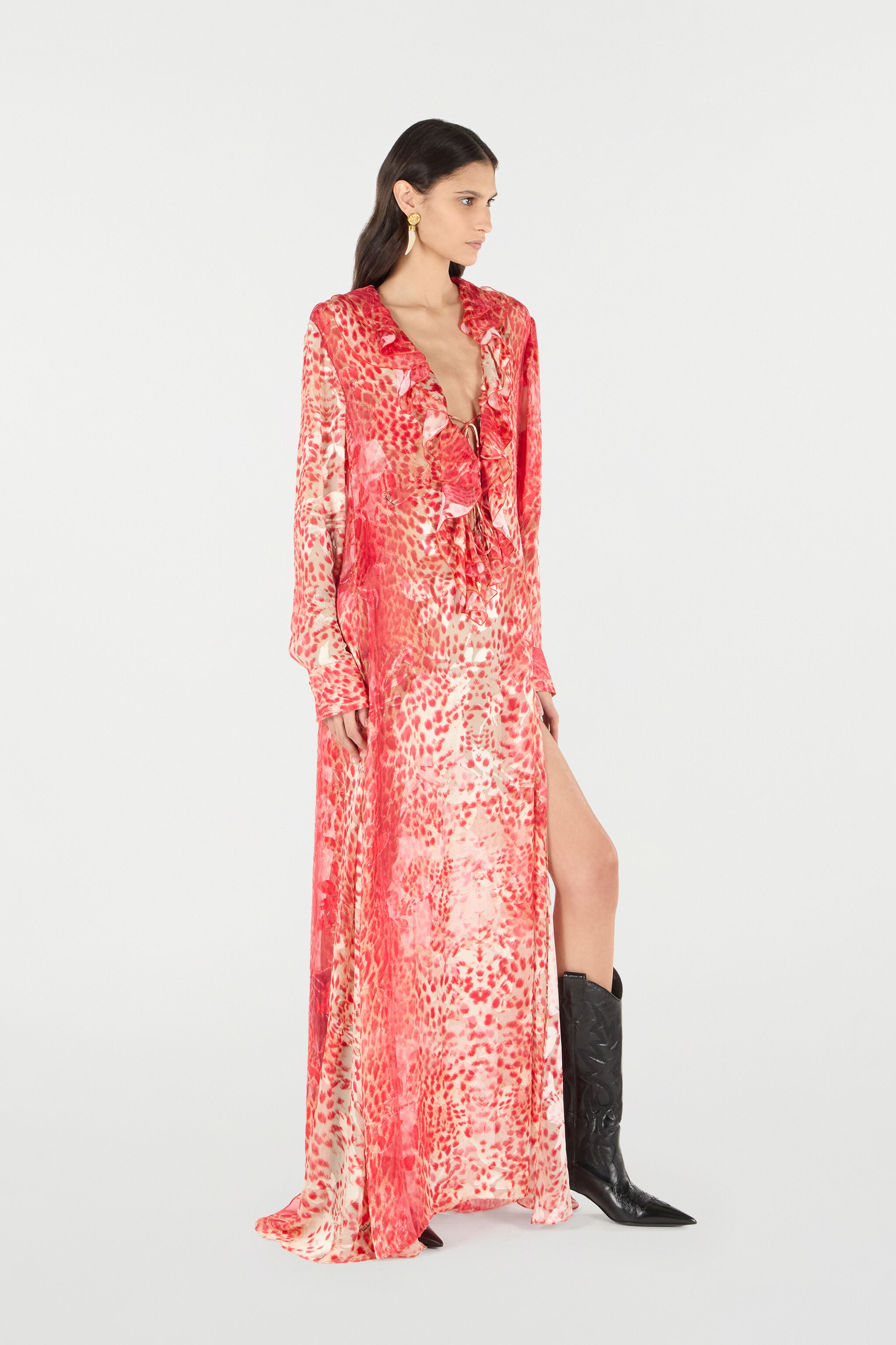 Long Dress With Ruffle And Jaguar Skin Print - 3