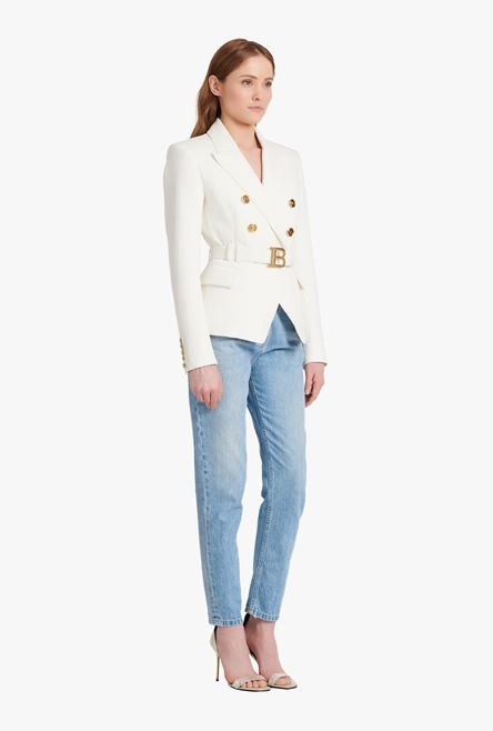 Double-breasted white cotton blazer with Balmain buckle - 7