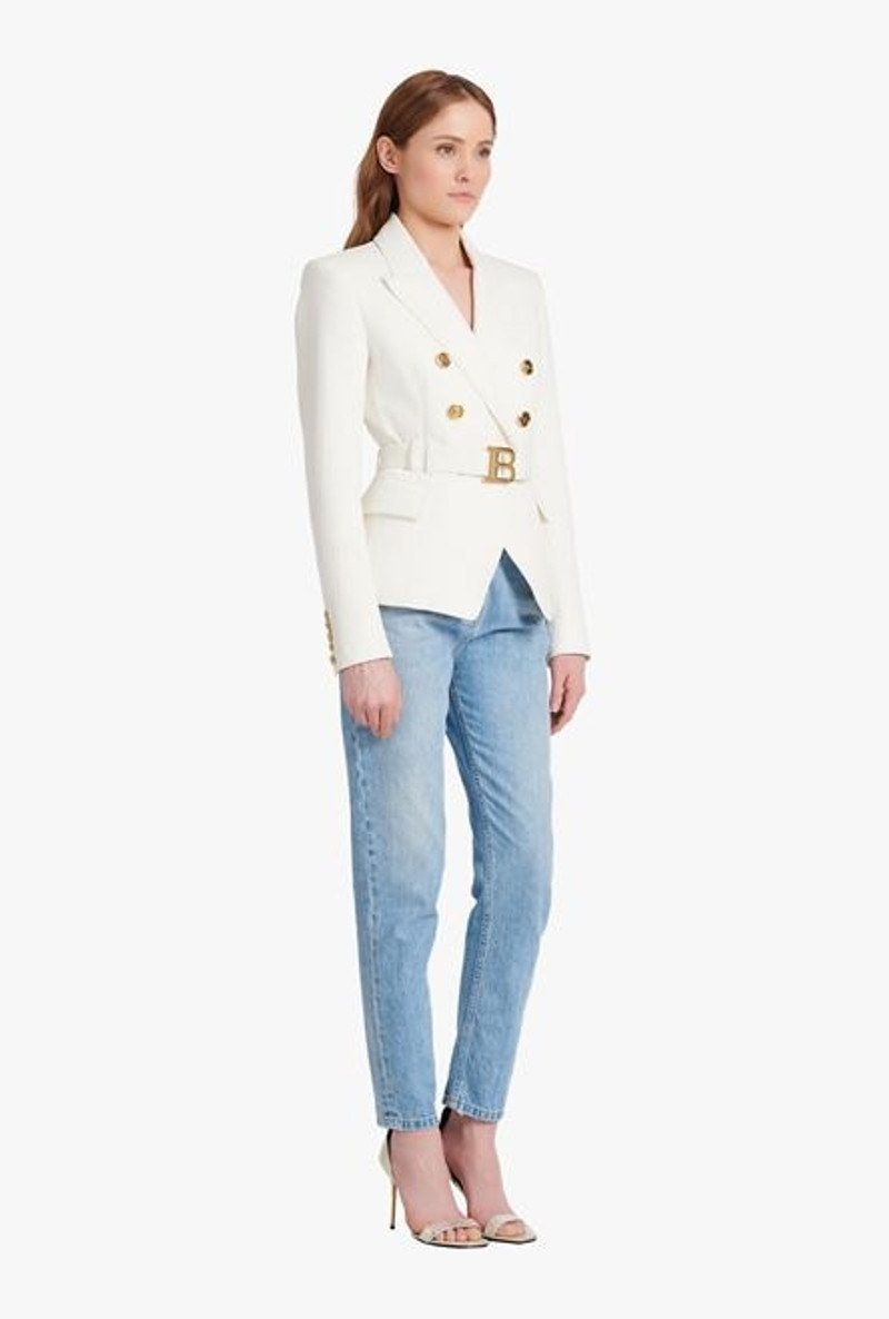 Double-breasted white cotton blazer with Balmain buckle 7