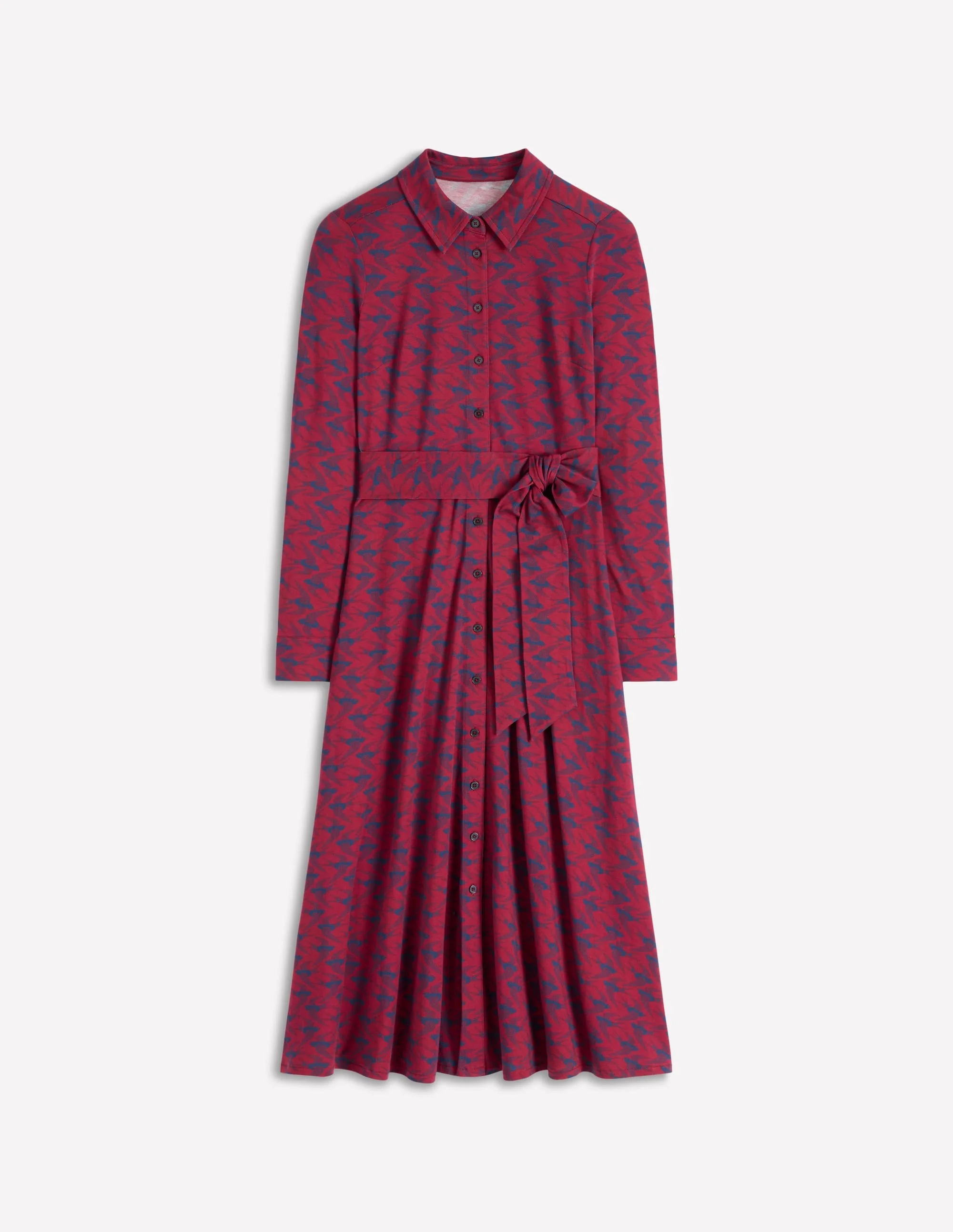 Marcia Jersey Shirt Dress-Burgundy Red, Swooping Swallow - 1