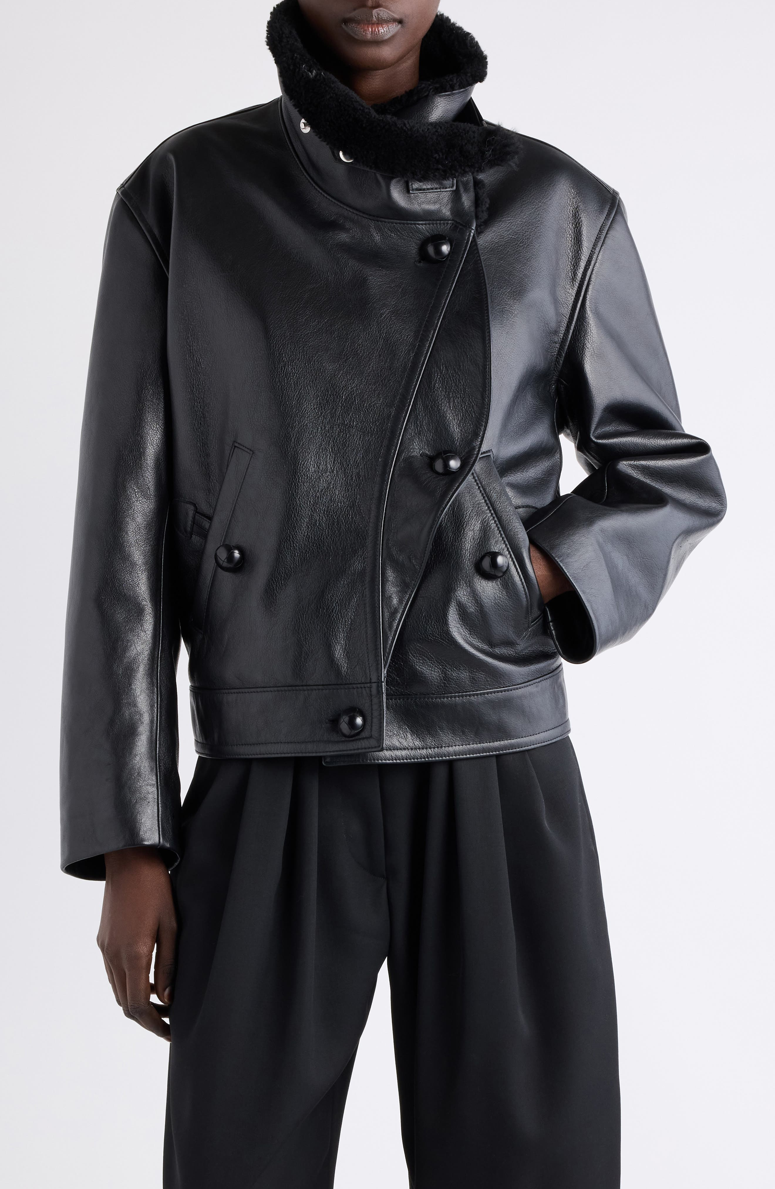 Isabel Marant Briyana Leather Moto Jacket with Genuine Shearling Trim in Black at Nordstrom - 1