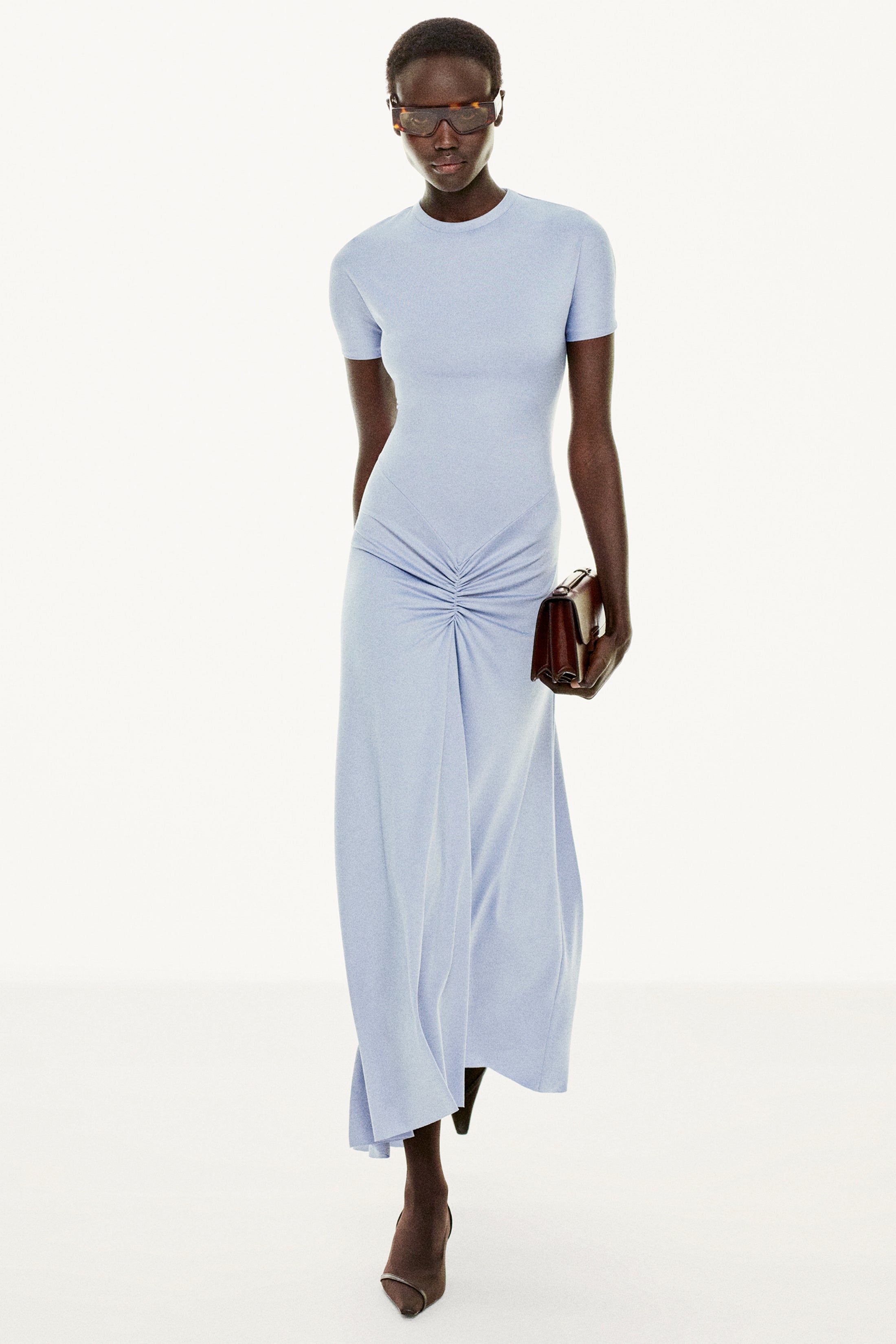 Gathered Waist T-Shirt Midi Dress In Delphinium Blue - 3