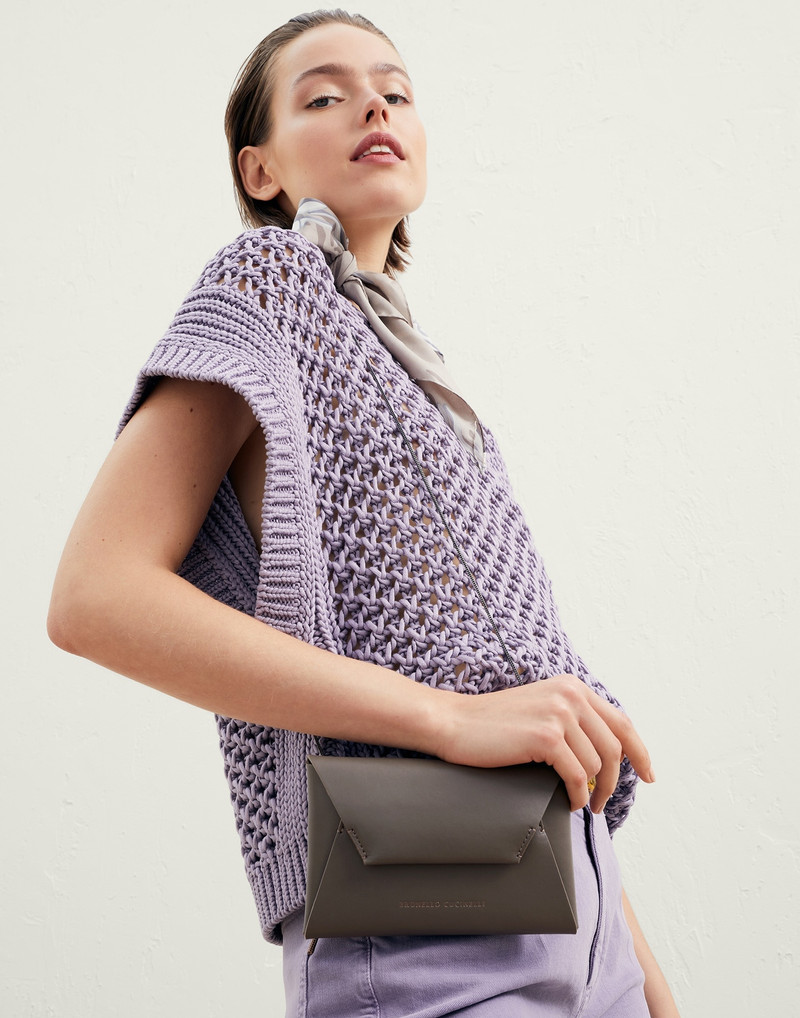 Brunello Cucinelli Matte calfskin envelope bag with precious chain outlook