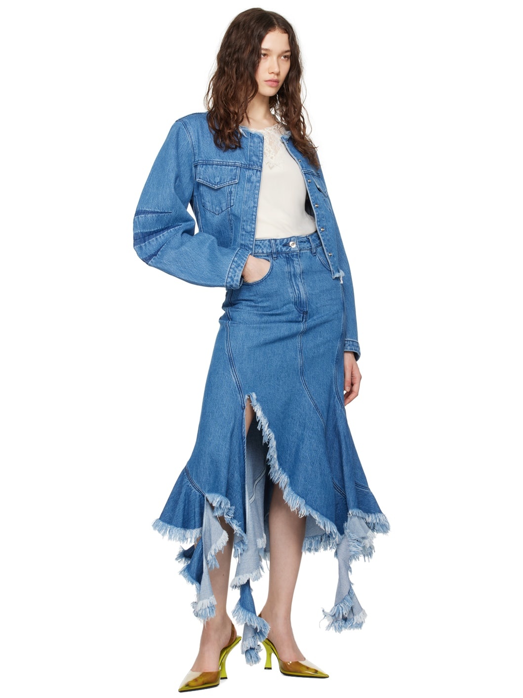 Blue Frayed Denim Midi Skirt - 4