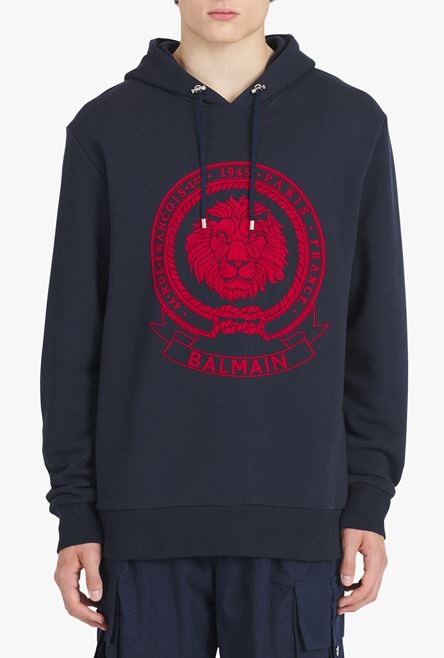 HIGH SUMMER CAPSULE - Navy blue cotton sweatshirt with flocked red Balmain logo - 5