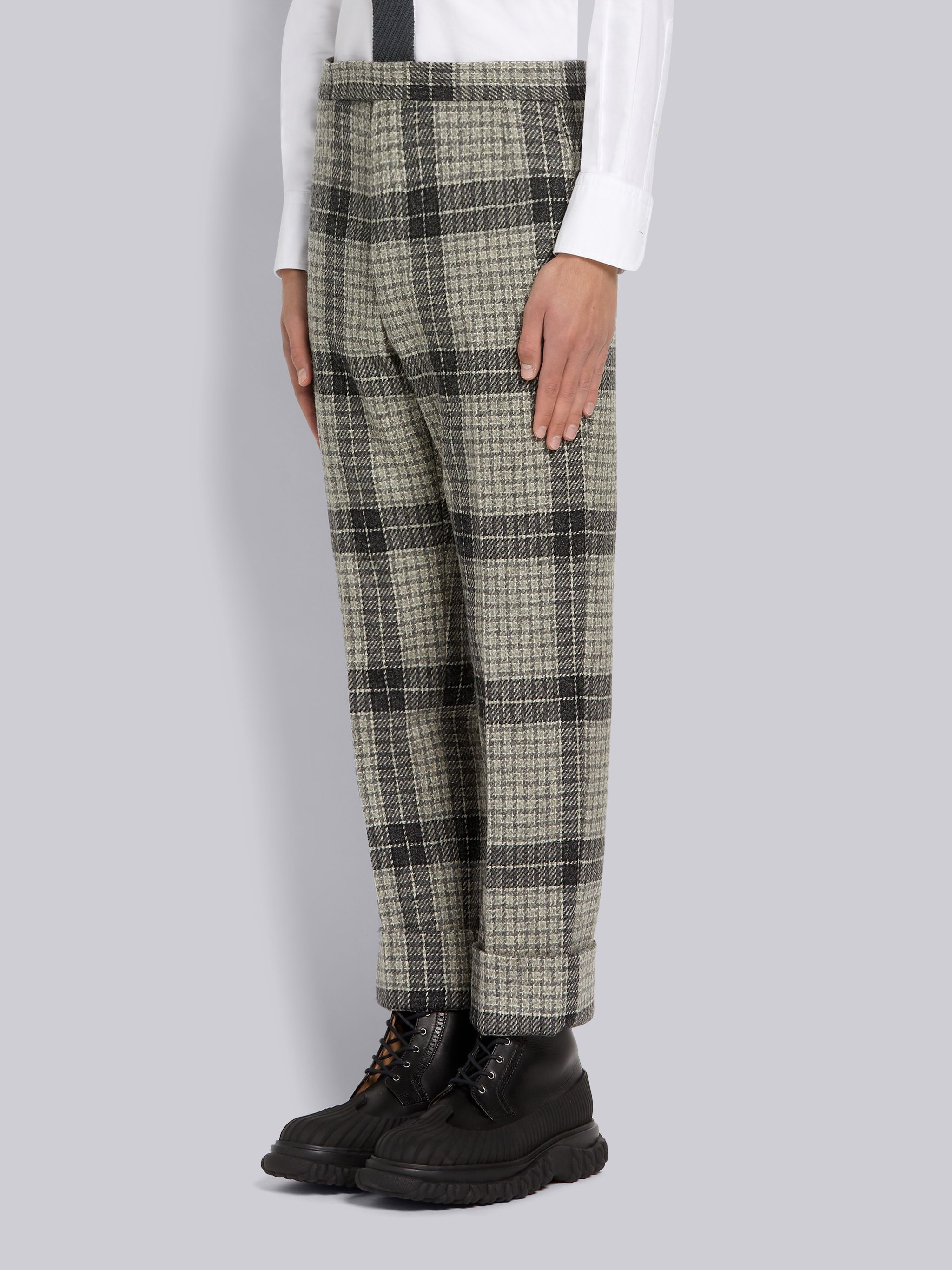 Medium Grey Grid Windowpane Check British Wool Classic Backstrap Trouser - 2