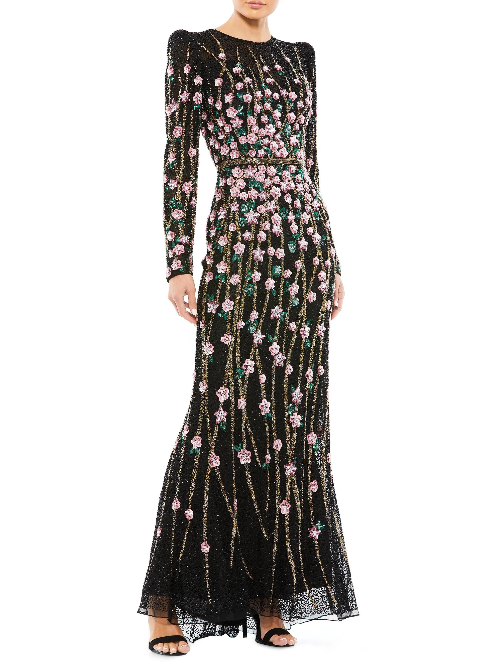 Women's Beaded A-Line Gown - Black Multi - 1
