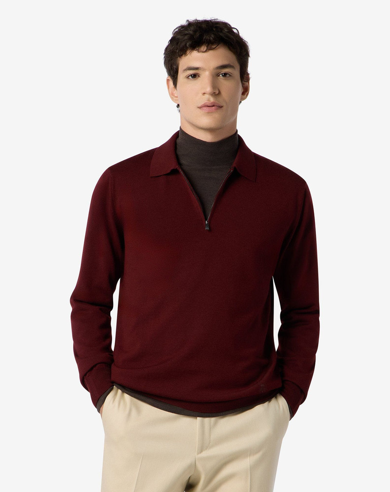 CORNELIANI Burgundy zip-up extra fine wool polo shirt outlook