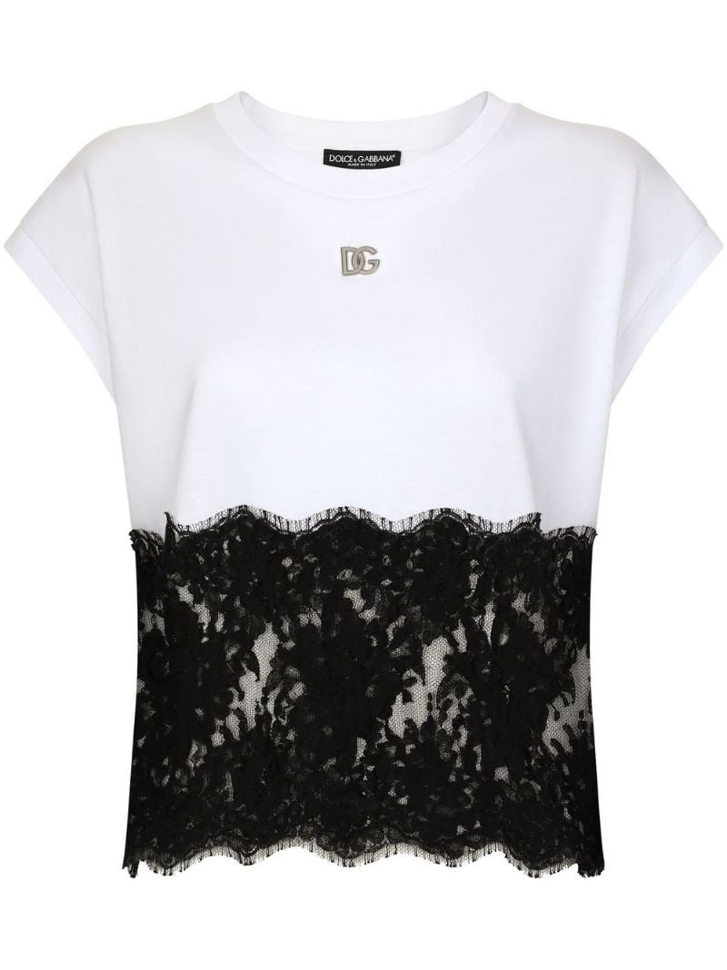 lace-trim cap-sleeve T-shirt - 1