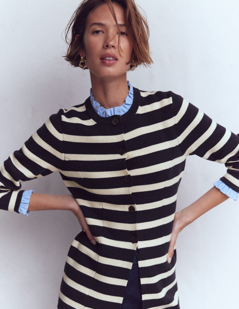 Joanna Fitted Knitted Jacket-Navy/ Warm Ivory Stripe 1