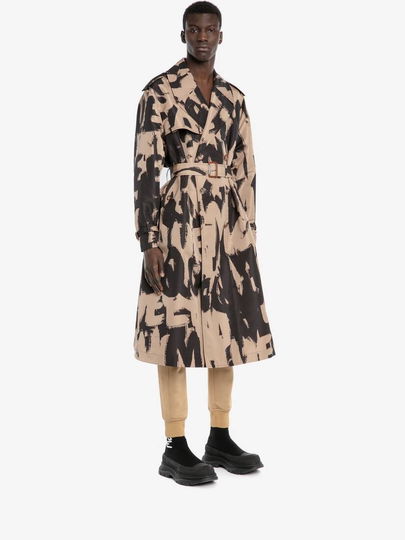 Mcqueen Graffiti Trench Coat in Black/beige - 3