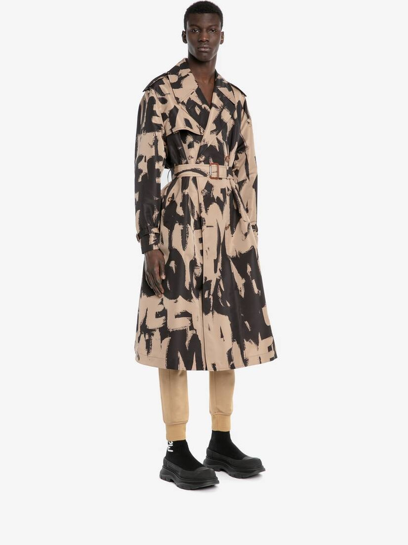 Mcqueen Graffiti Trench Coat in Black/beige 3