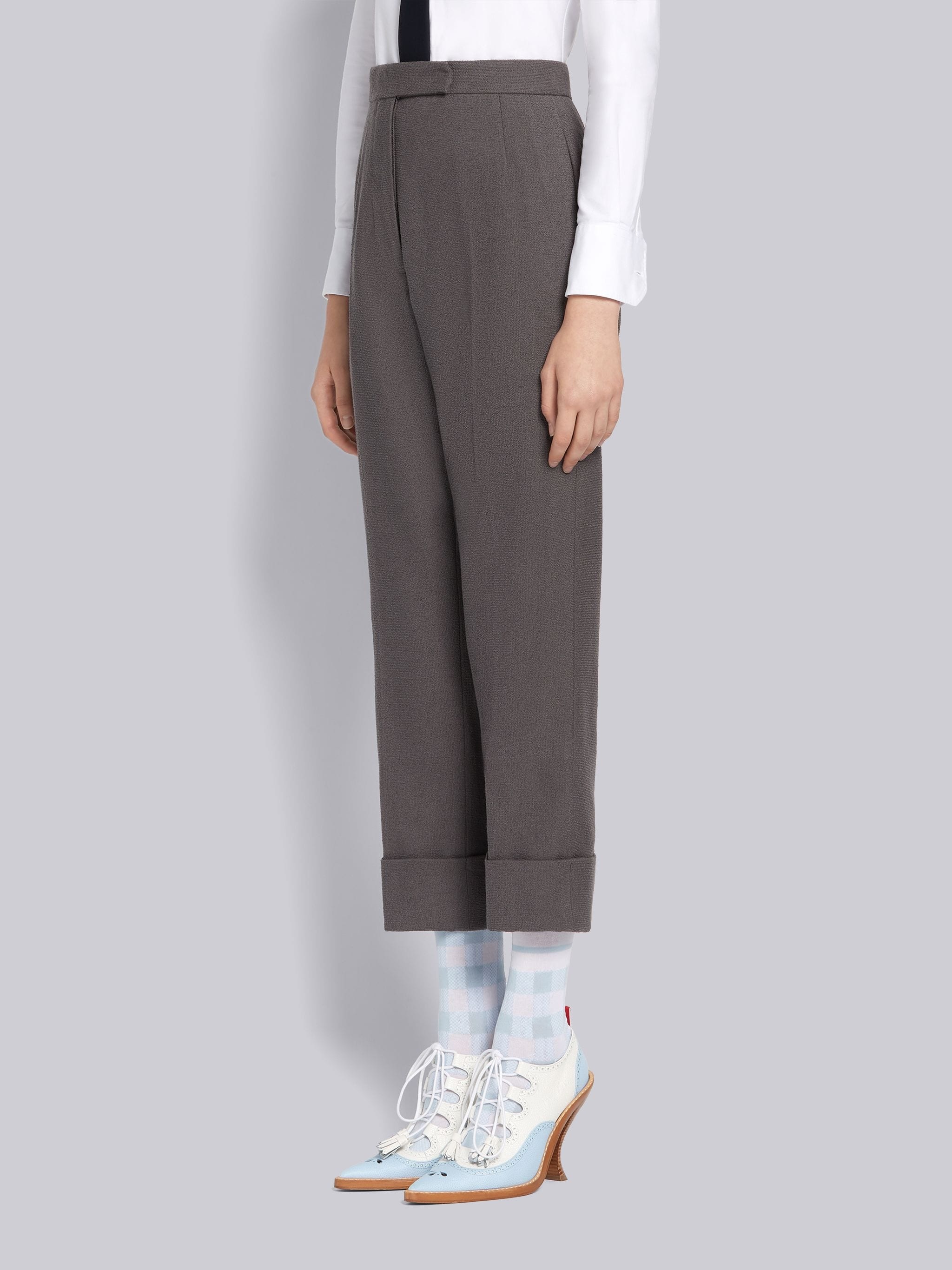 Dark Grey Cotton Boucle Suiting Side Engineered Stripe Classic Trouser - 2