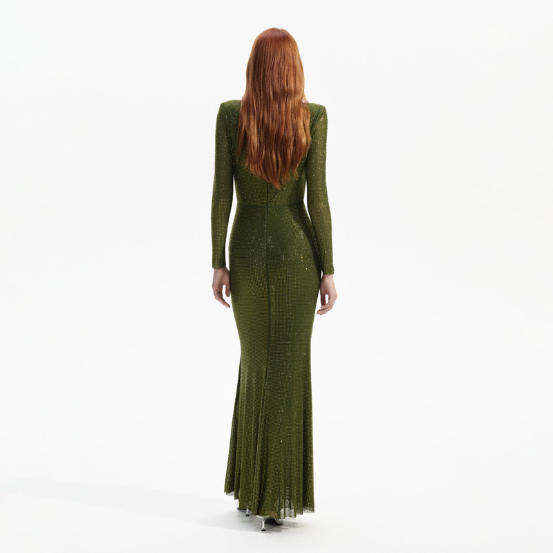 green emerald velvet dress Olive Rhinestone Embellished Maxi Dress – self-portrait main image 1