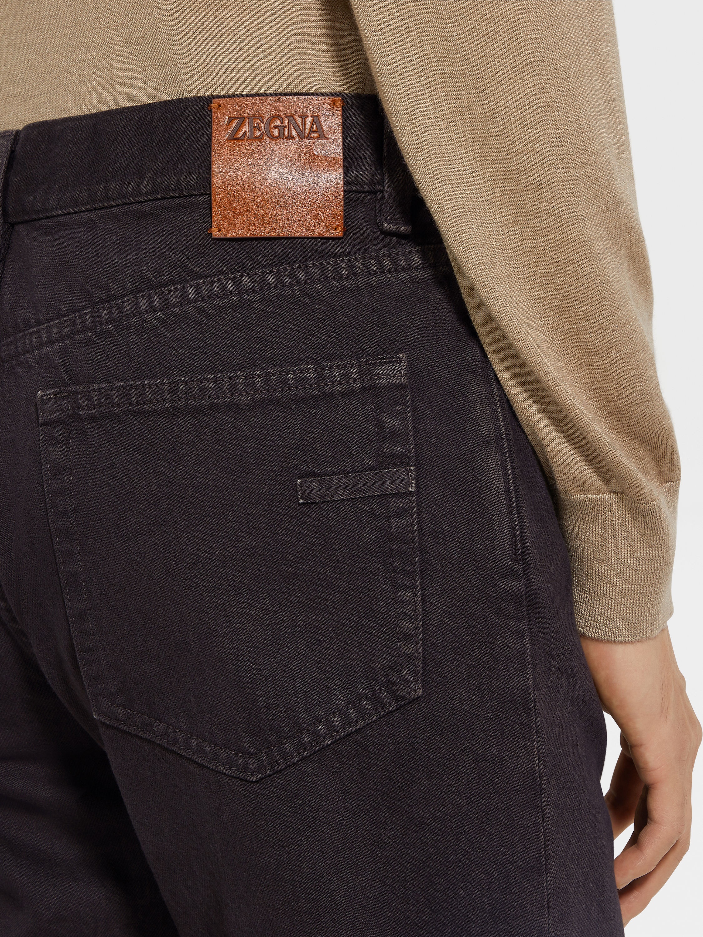 DARK BROWN COTTON ROCCIA JEANS - 2