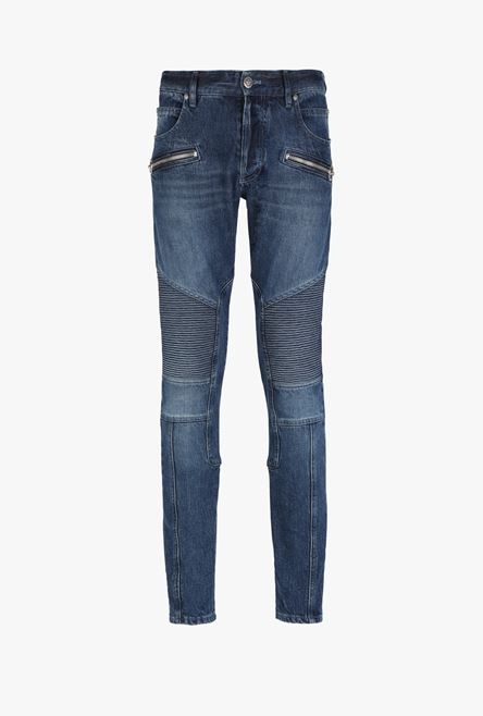 Slim cut ridged blue raw cotton jeans - 1