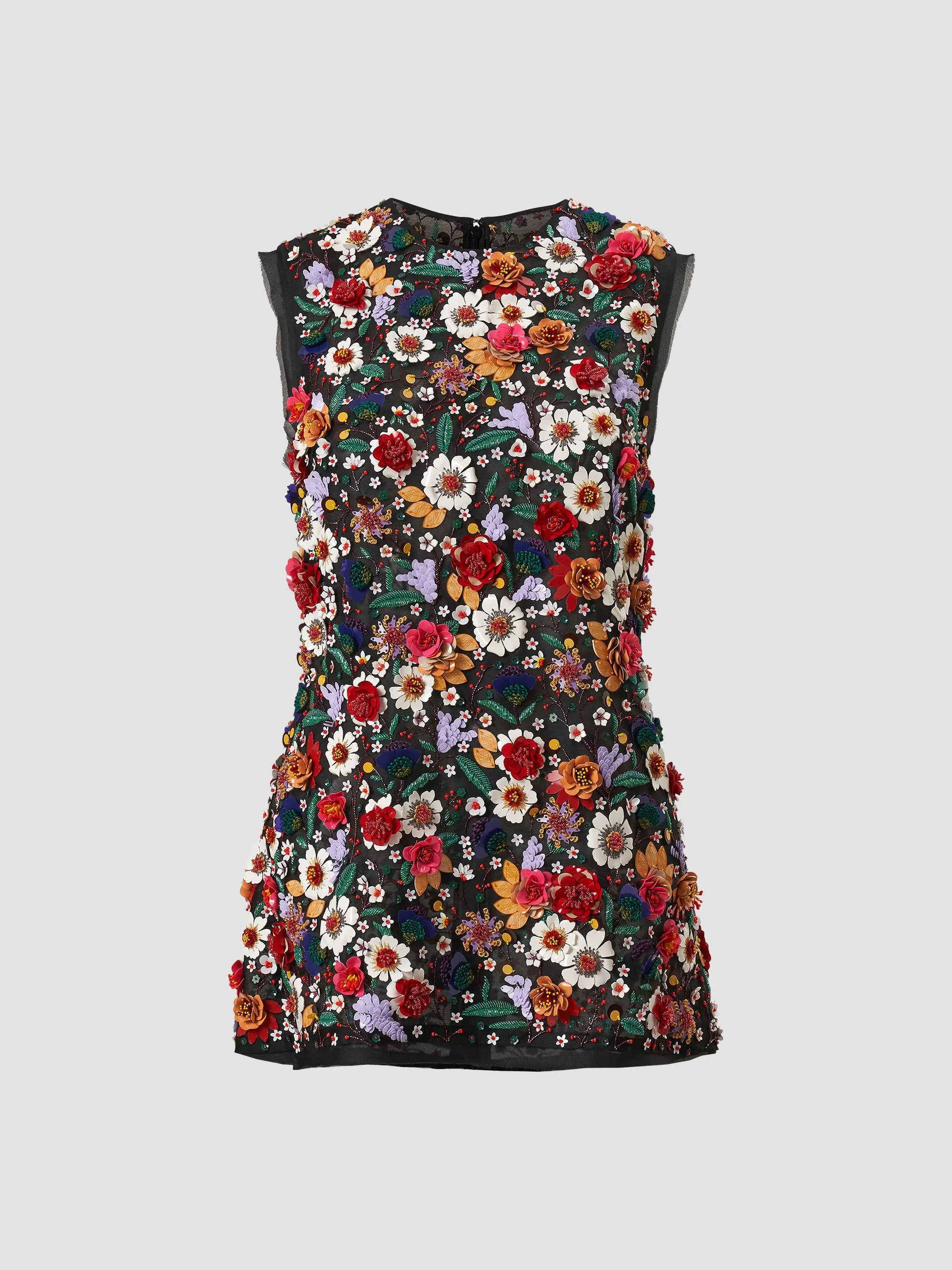 Women's 3D Floral Silk Sleeveless Top - Black Multi - 1
