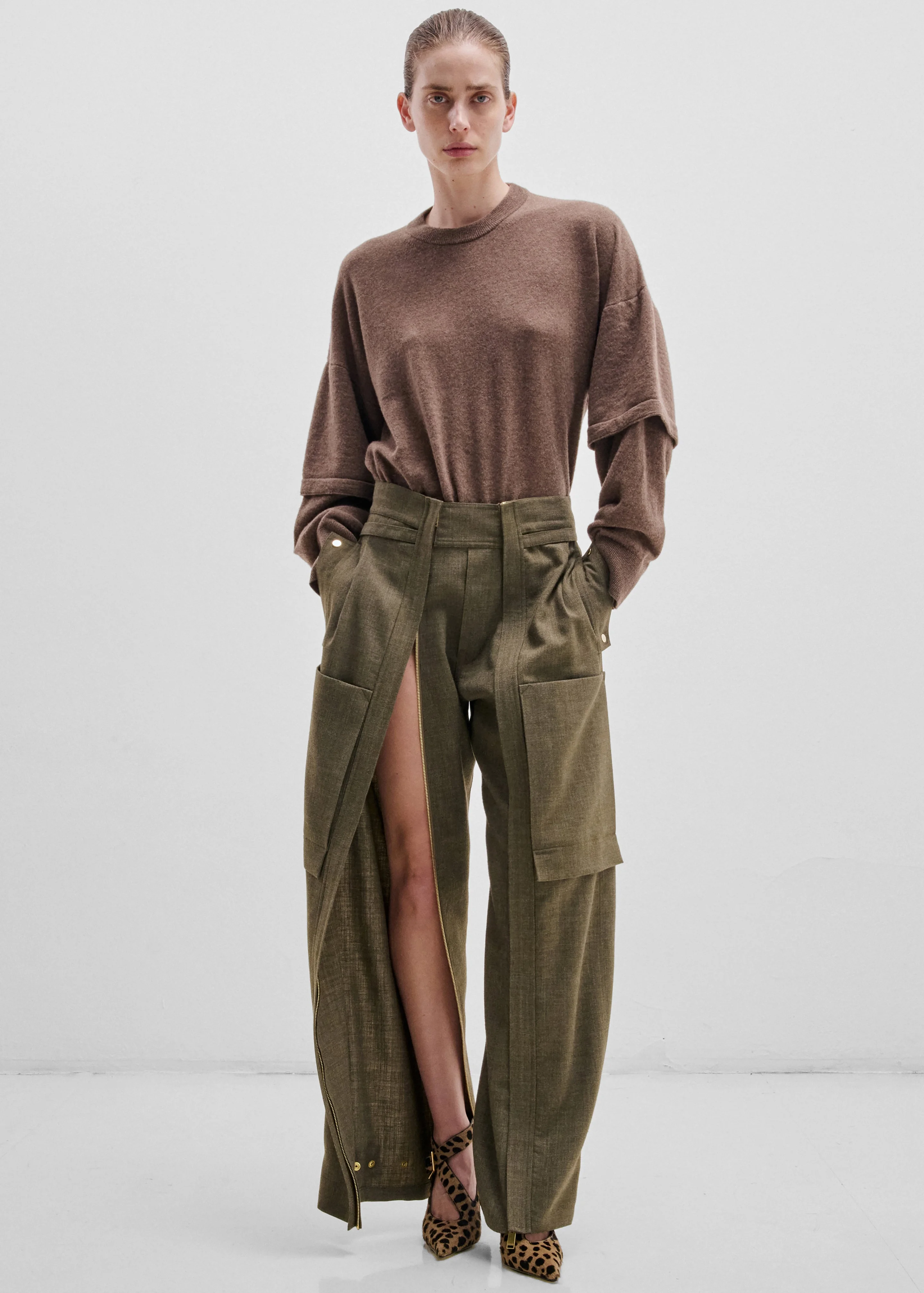 Darkpark Troy Cashmere Wool Double Sleeve Tee - Brown - 1