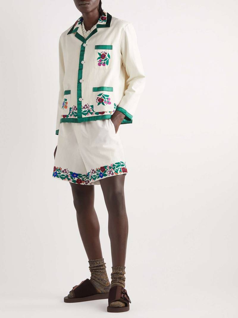 BODE Winter Garden Satin-Trimmed Embroidered Cotton Overshirt outlook
