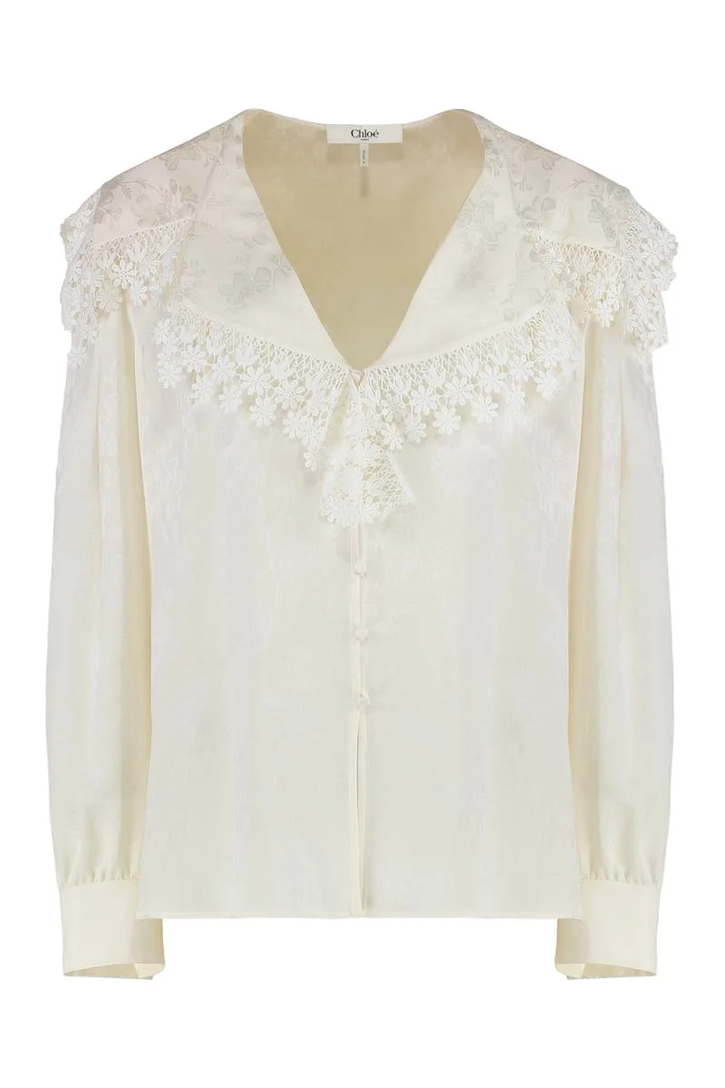 Chloé Blouse With A Maxi Collar In Silk Jacquard And Lace - 1