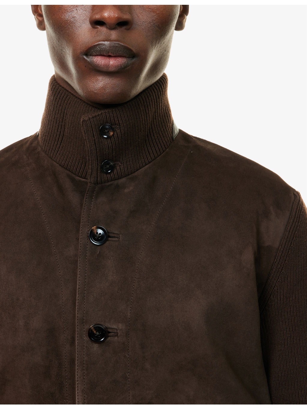 Funnel-Neck Ribbed-Sleeve Suede and Wool Jacket - 5