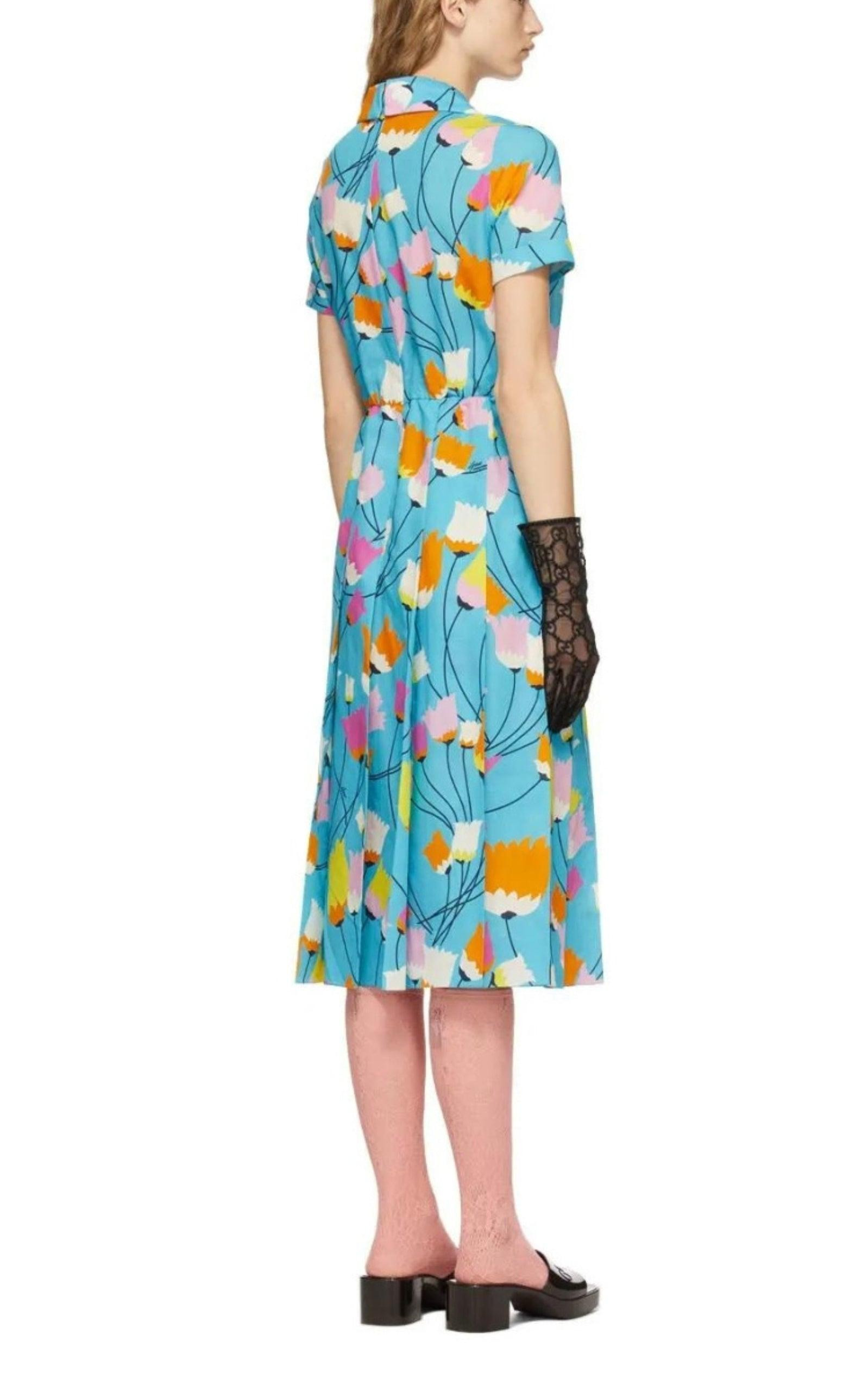Blue Tulip Print Pleated Dress - 3